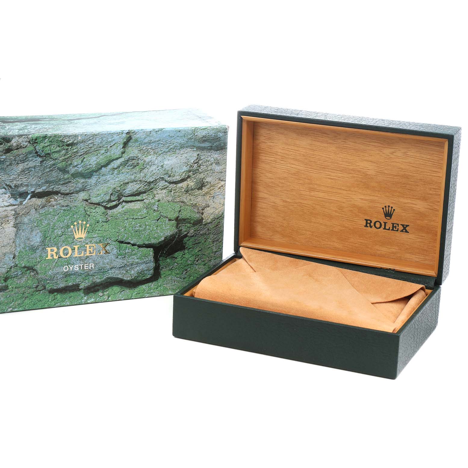 The image shows an open box for the Rolex Explorer 114270 Men's Stainless Steel Black Dial, showcasing the interior and outer packaging.