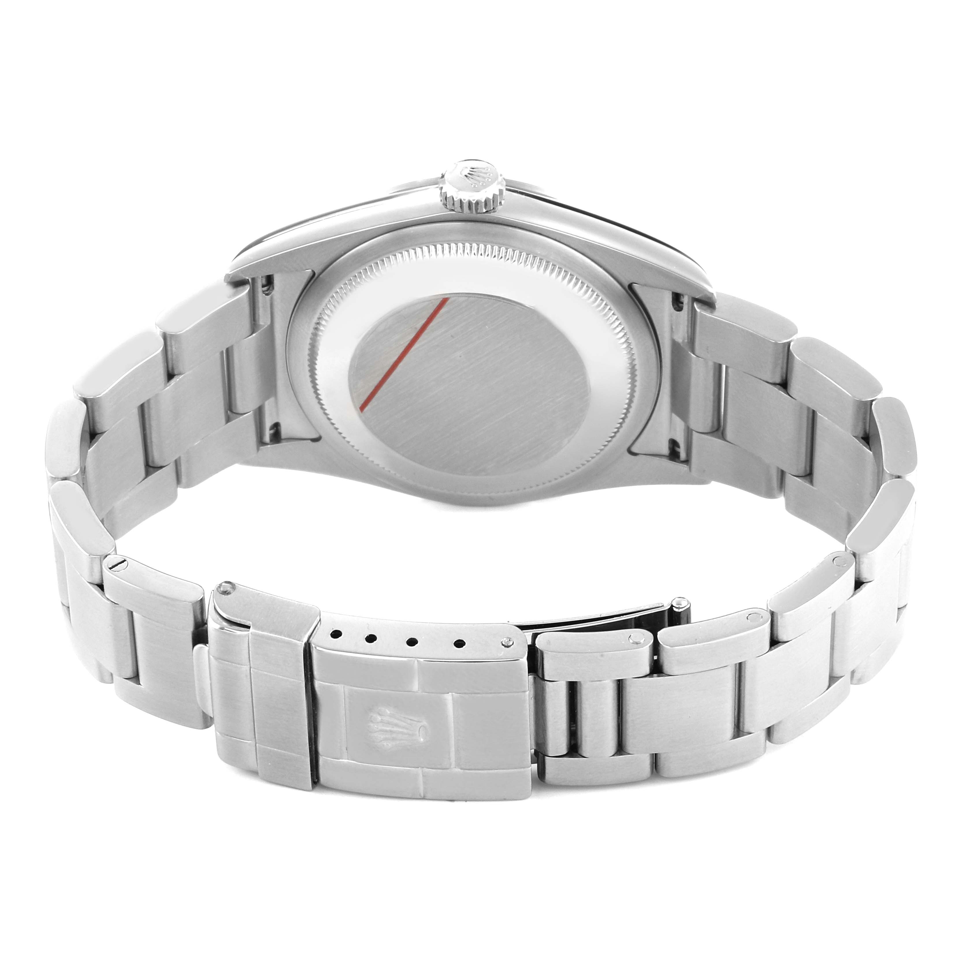 The Rolex Explorer 114270 Men's Stainless Steel Black Dial watch is shown from the back, highlighting the case back, crown, and metal bracelet with clasp.