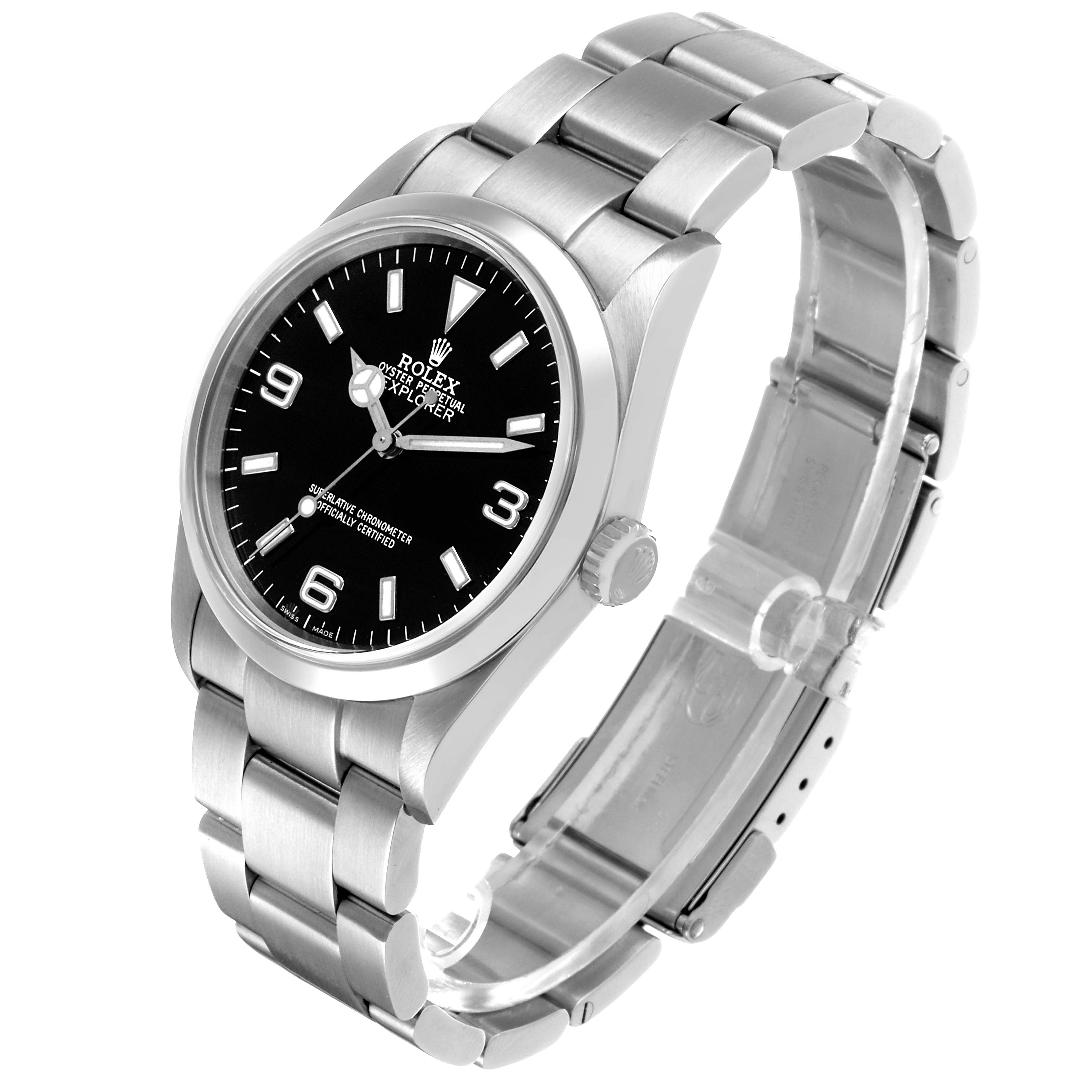 The Rolex Explorer 114270 Men's Stainless Steel Black Dial watch is shown at an angled side view, highlighting its bezel, crown, and bracelet.