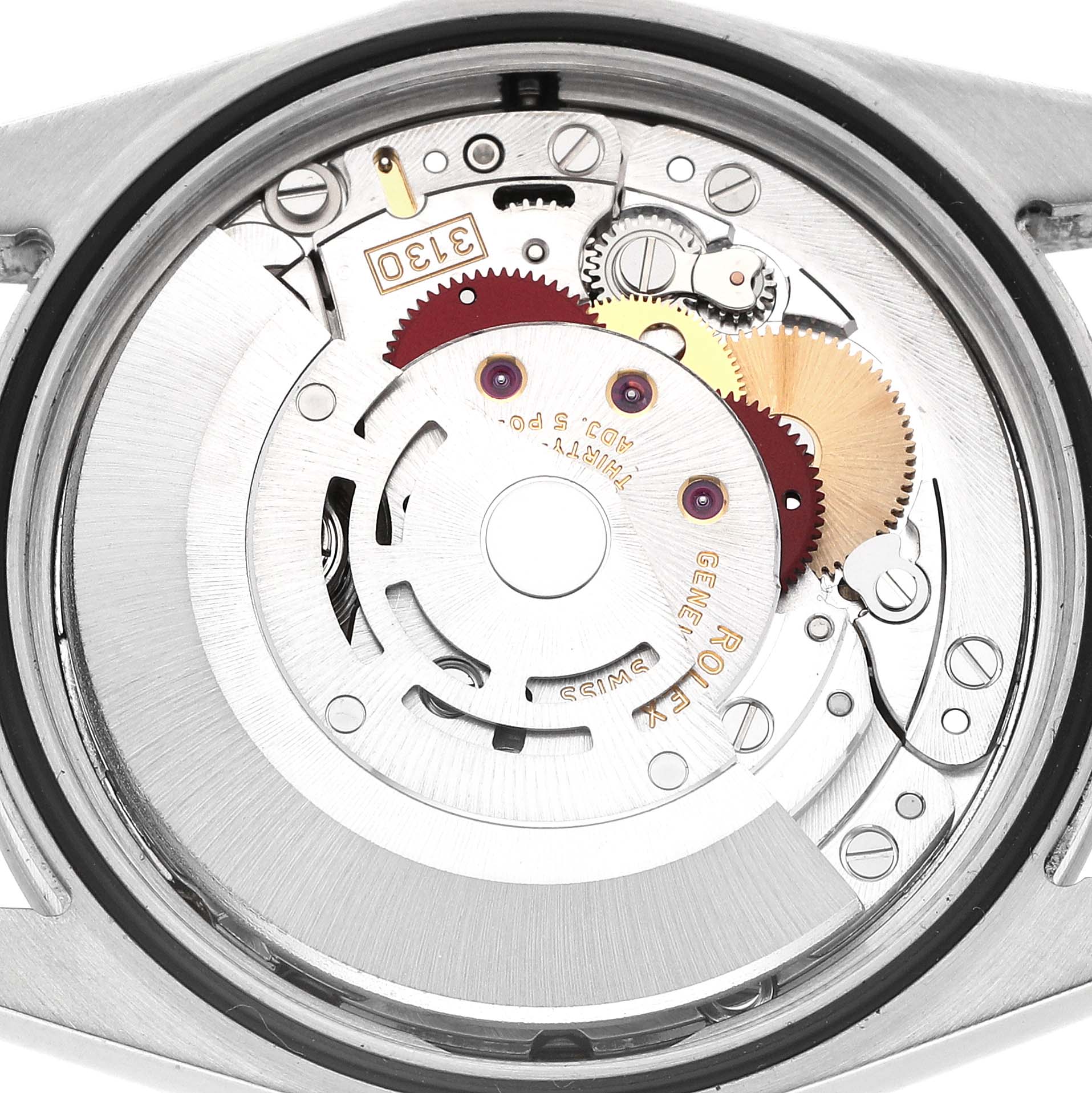 The image shows the movement of a Rolex Explorer 114270 Men's Stainless Steel Black Dial watch, viewed from the back, revealing gears and mechanical components.
