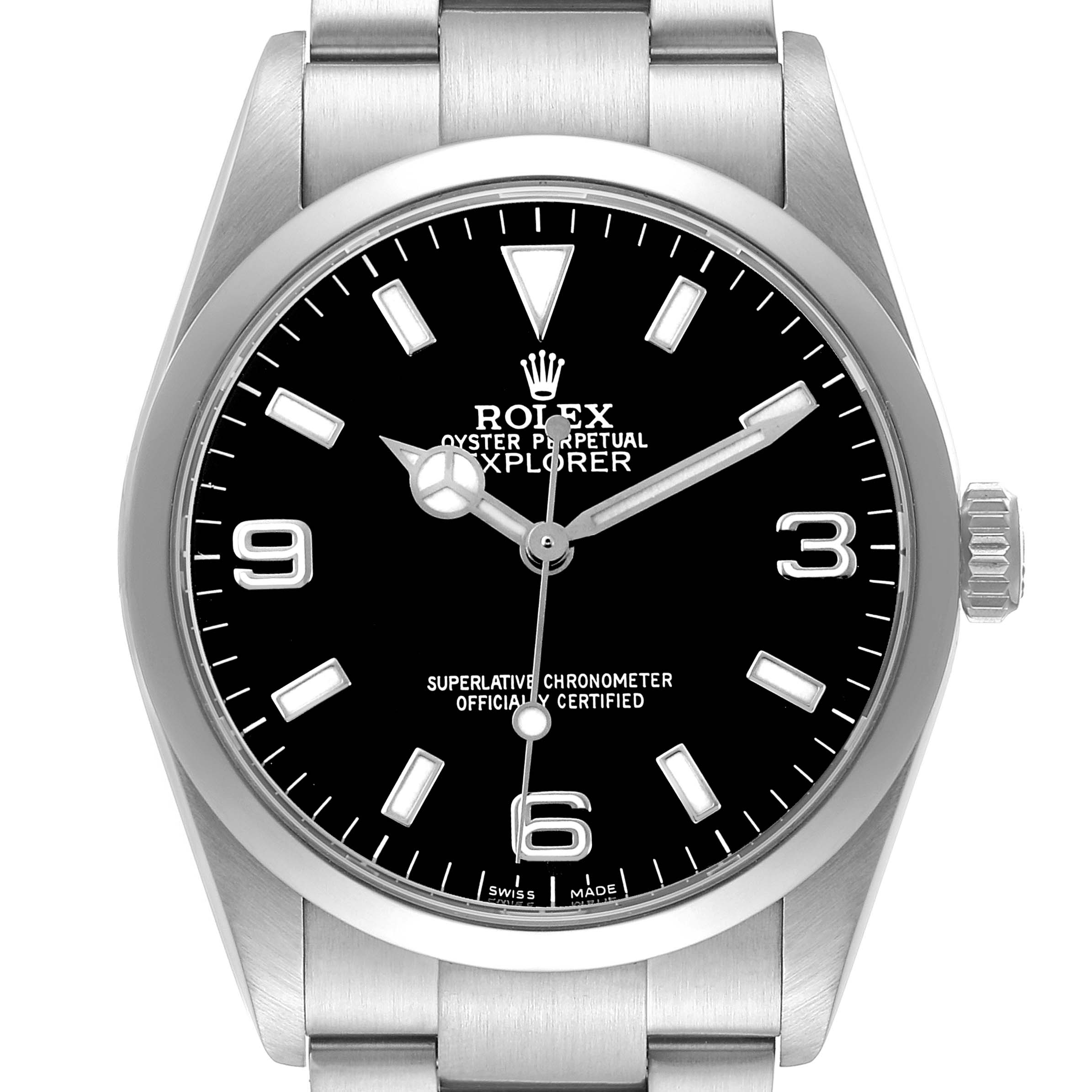 The Rolex Explorer 114270 Men's Stainless Steel Black Dial watch is shown from the front, displaying the dial, bezel, and part of the bracelet.