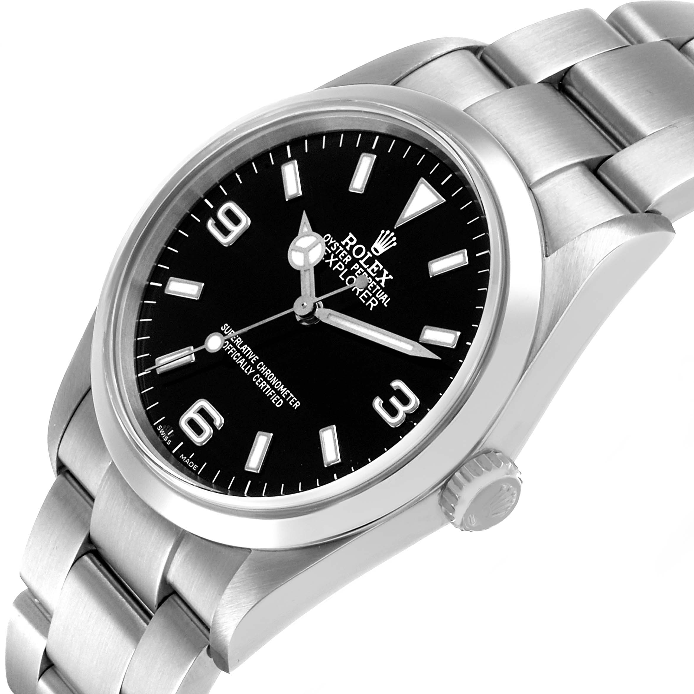 The Rolex Explorer 114270 Men's Stainless Steel Black Dial watch is shown at a slight angle, displaying its face, bezel, crown, and bracelet in detail.