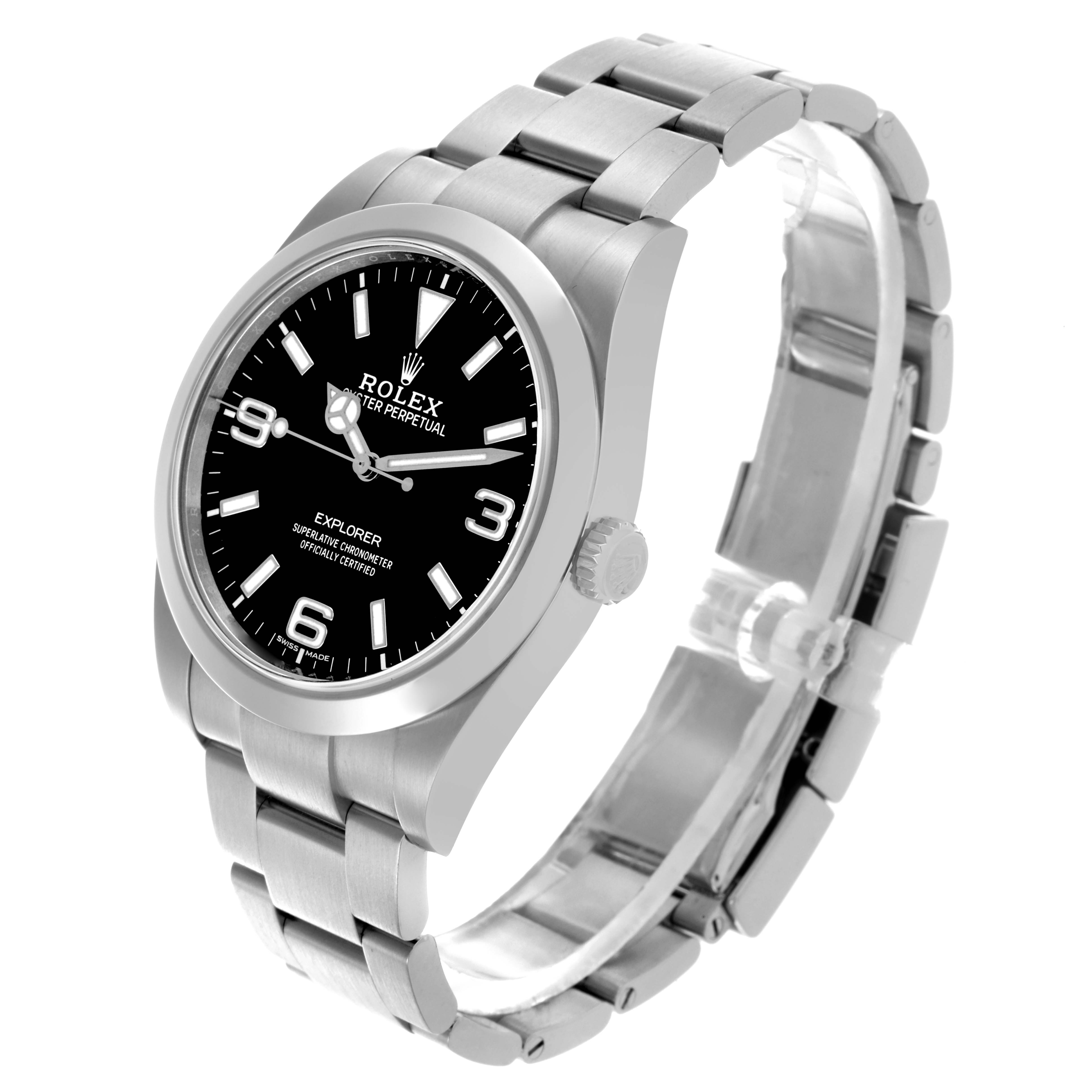 The Rolex Explorer 214270 Men's Stainless Steel Black Dial 214270 Men's Stainless Steel Black Dial watch is shown at an angled side view, displaying its bracelet, case, dial, and crown.