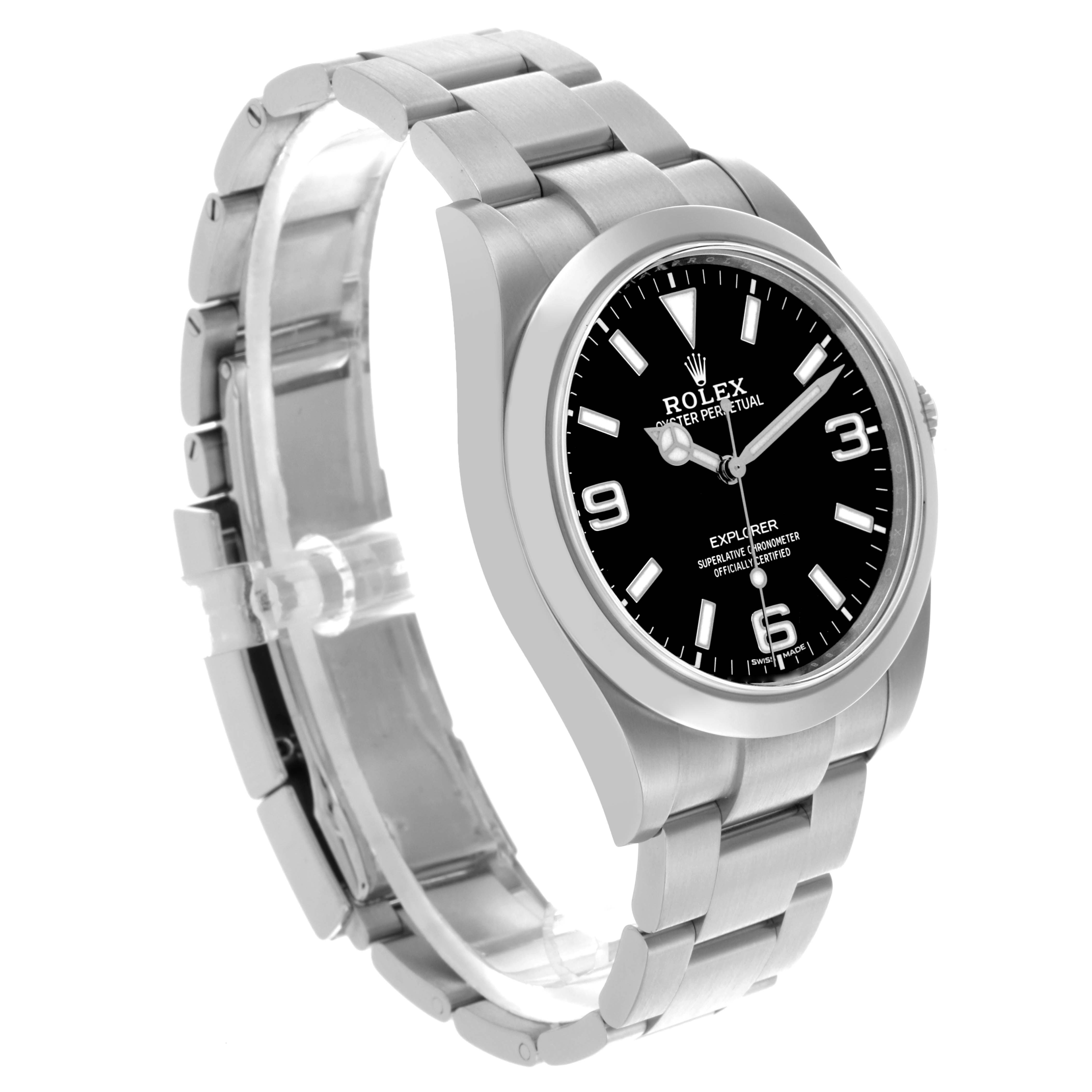 The Rolex Explorer 214270 Men's Stainless Steel Black Dial 214270 Men's Stainless Steel Black Dial watch is shown at a three-quarter angle, highlighting the face, bezel, and bracelet.