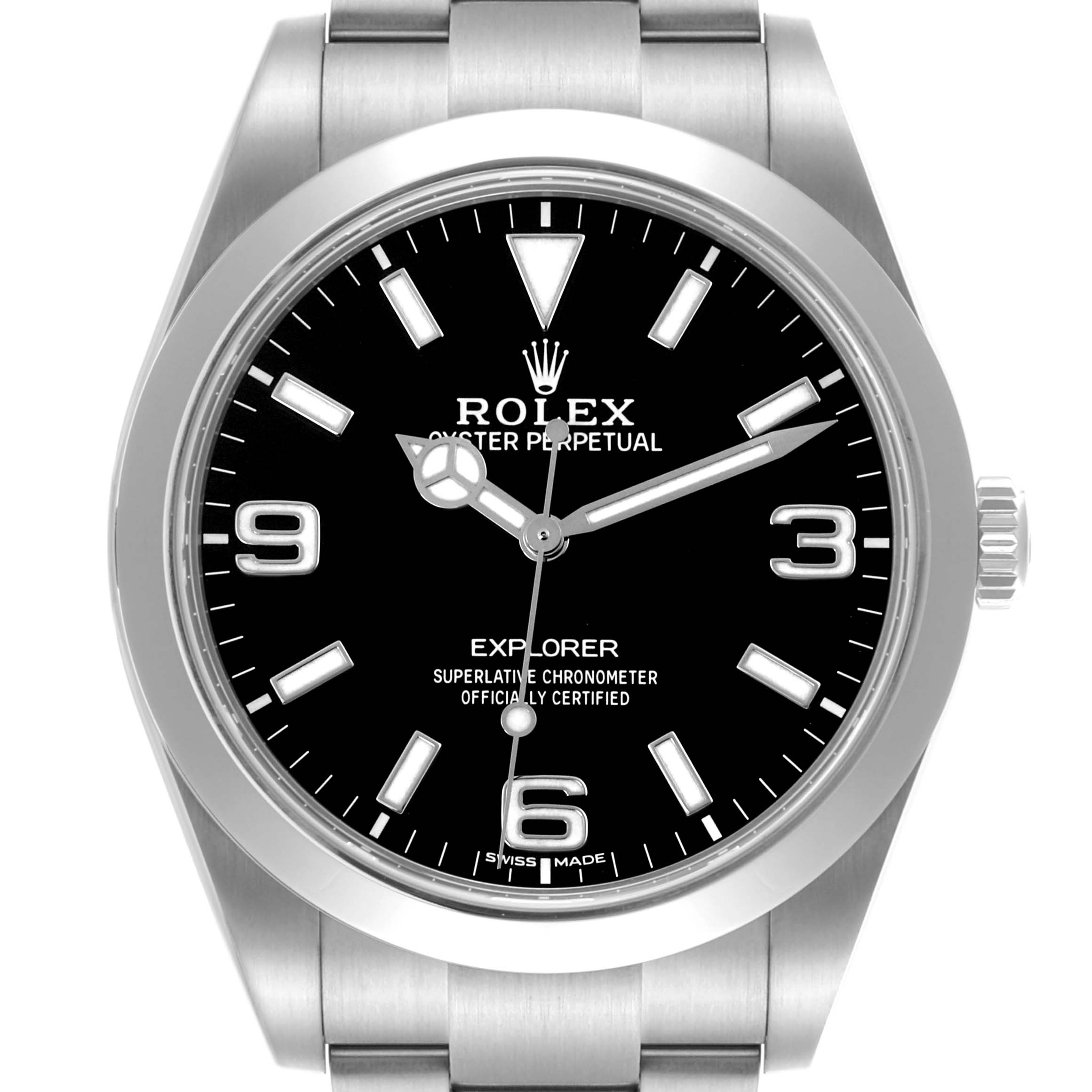 The Rolex Explorer 214270 Men's Stainless Steel Black Dial 214270 Men's Stainless Steel Black Dial watch is shown from a front angle, displaying the dial, bezel, and part of the bracelet.