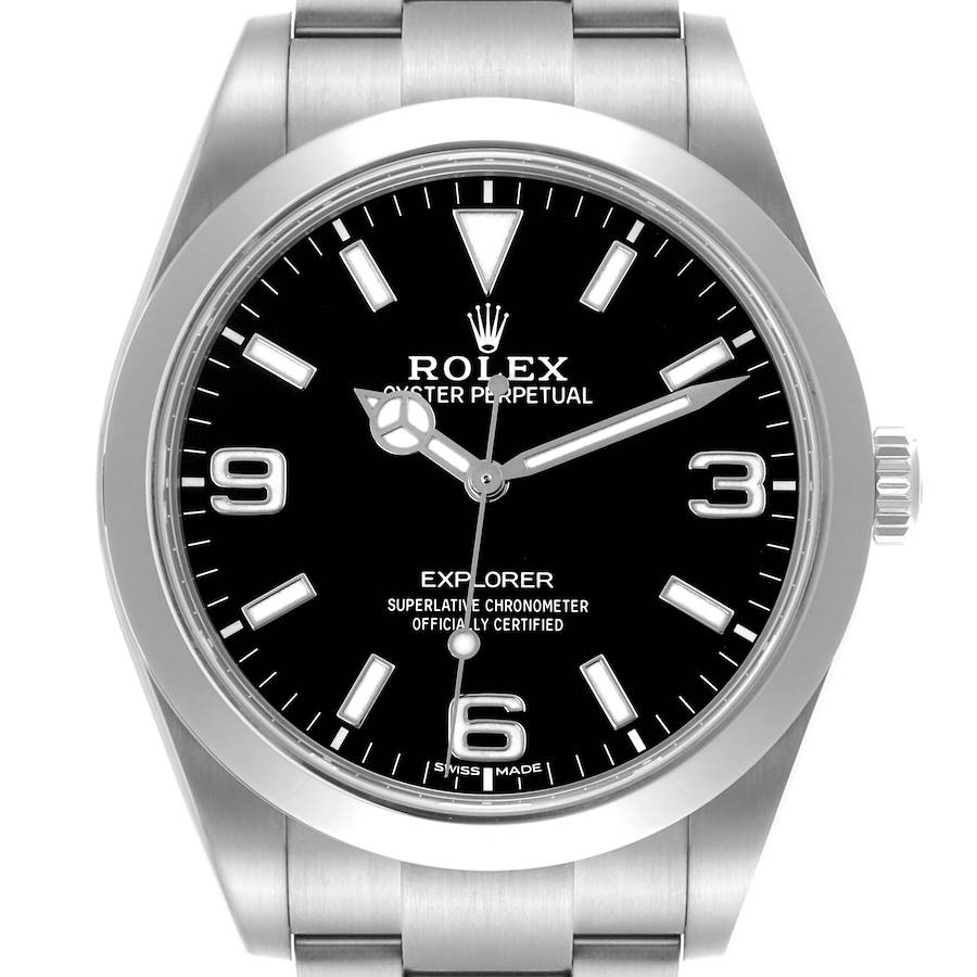 The Rolex Explorer watch is shown from a front angle, displaying the dial, bezel, and part of the bracelet.