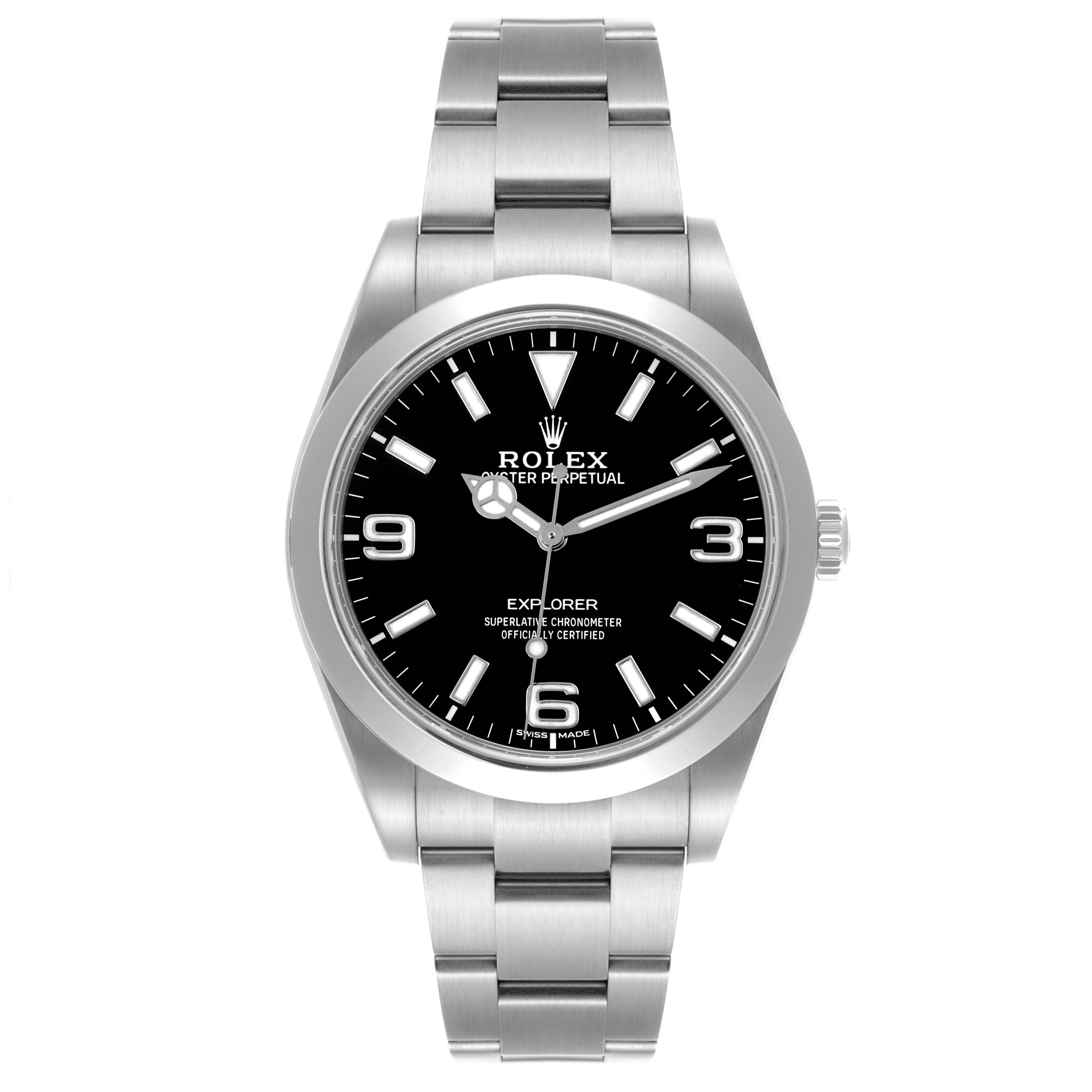 The Rolex Explorer 214270 Men's Stainless Steel Black Dial 214270 Men's Stainless Steel Black Dial watch is shown from a front angle, highlighting its dial, bezel, and stainless steel bracelet.