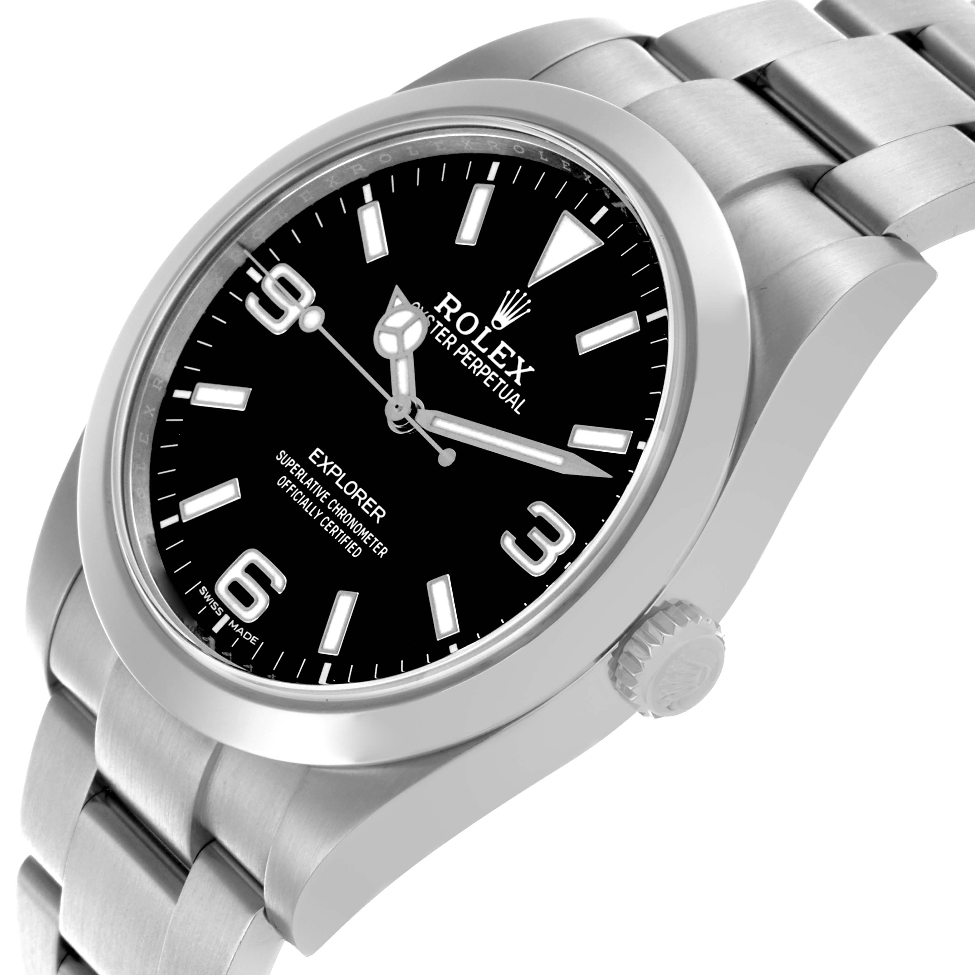 The Rolex Explorer 214270 Men's Stainless Steel Black Dial 214270 Men's Stainless Steel Black Dial watch is shown at a tilted angle, highlighting the face, bezel, crown, and a section of the bracelet.