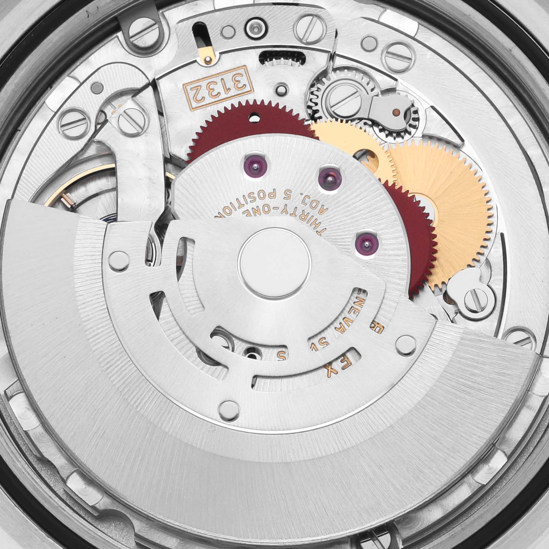 The image shows the movement of a Rolex Explorer 214270 Men's Stainless Steel Black Dial 214270 Men's Stainless Steel Black Dial watch, highlighting gears and mechanical components from a top-down angle.
