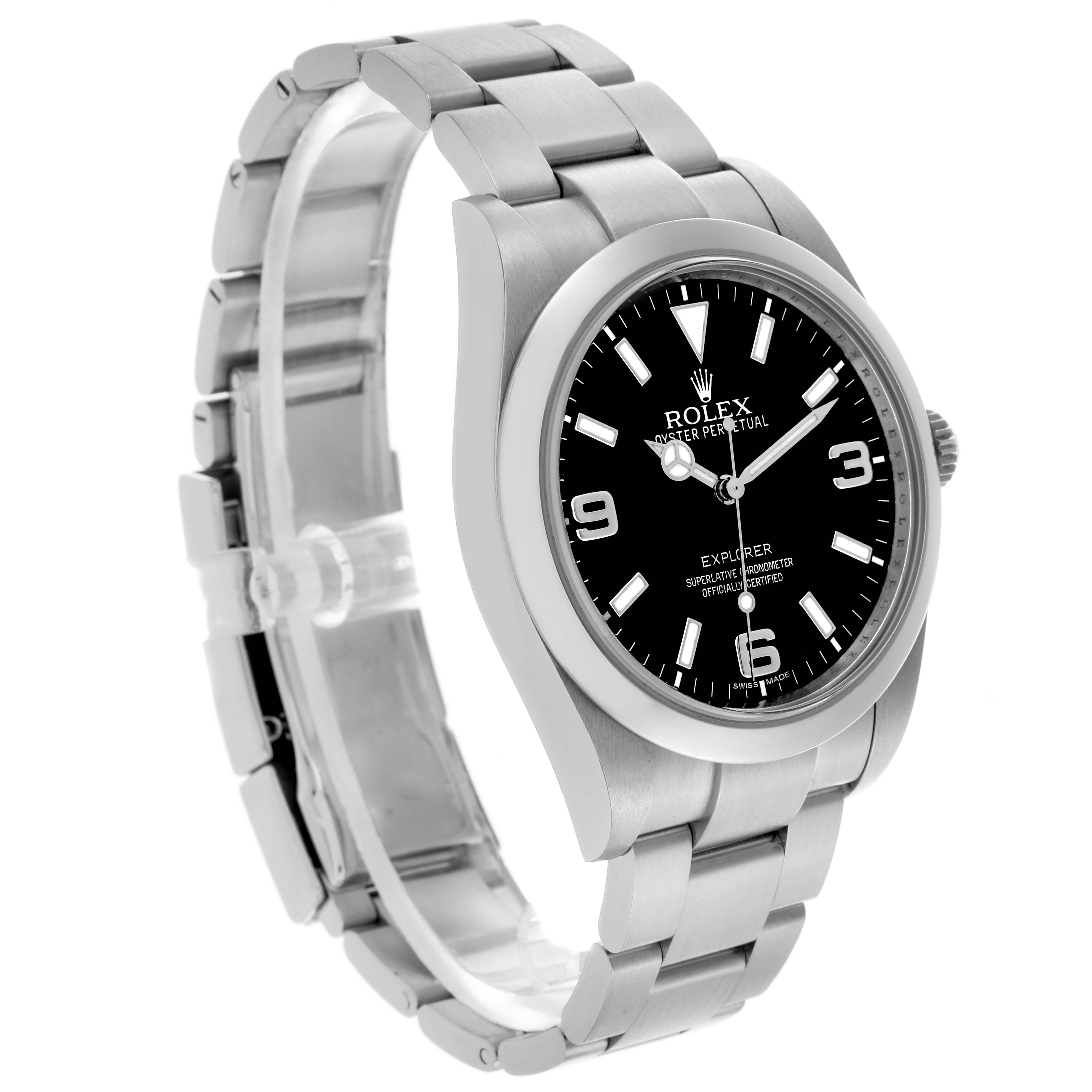 The Rolex Explorer 214270 Men's Stainless Steel Black Dial 214270 Men's Stainless Steel Black Dial watch is shown at a three-quarter angle, displaying its face, bezel, and stainless steel bracelet.
