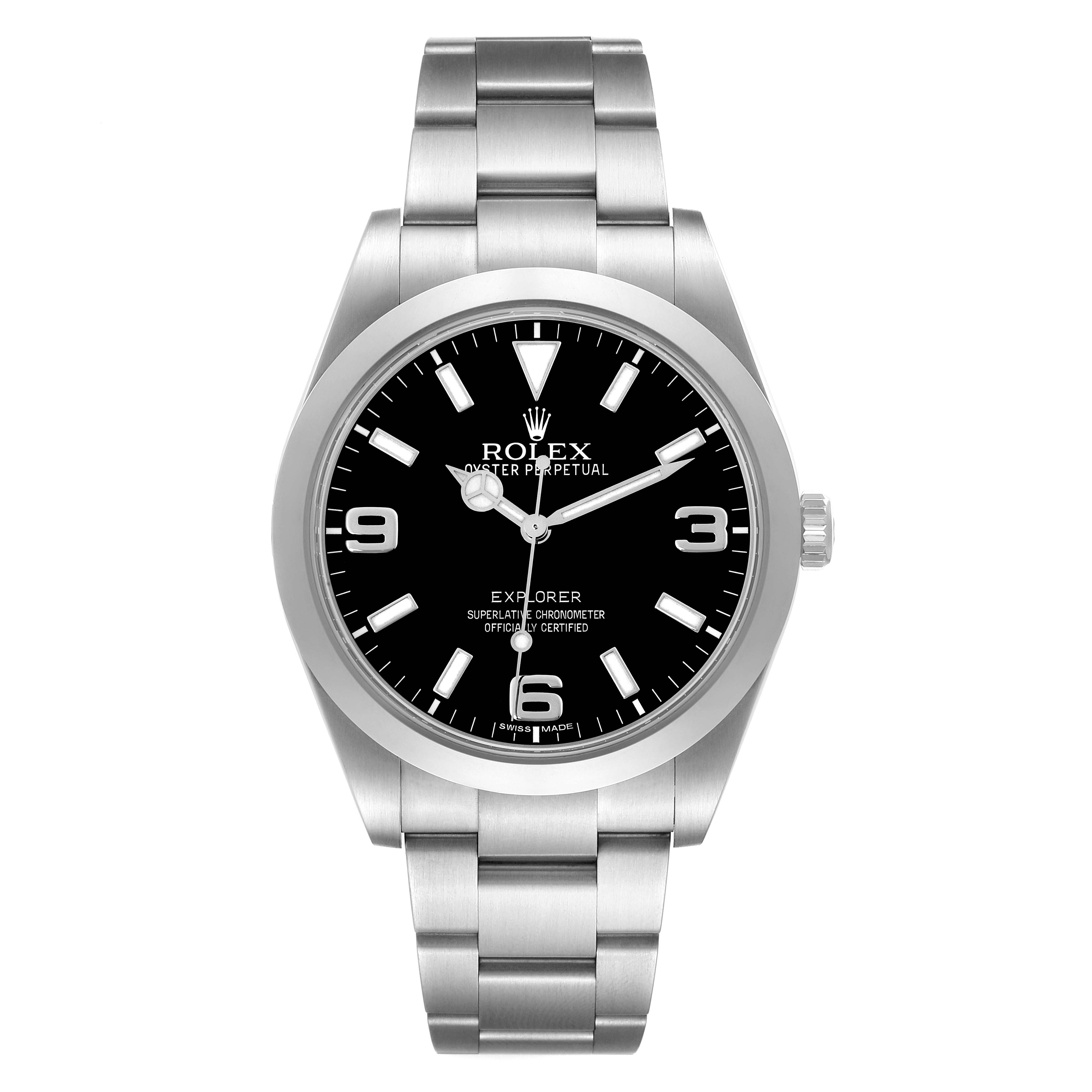This Rolex Explorer 214270 Men's Stainless Steel Black Dial 214270 Men's Stainless Steel Black Dial watch is shown from a front view, highlighting the face, bezel, and metal bracelet.