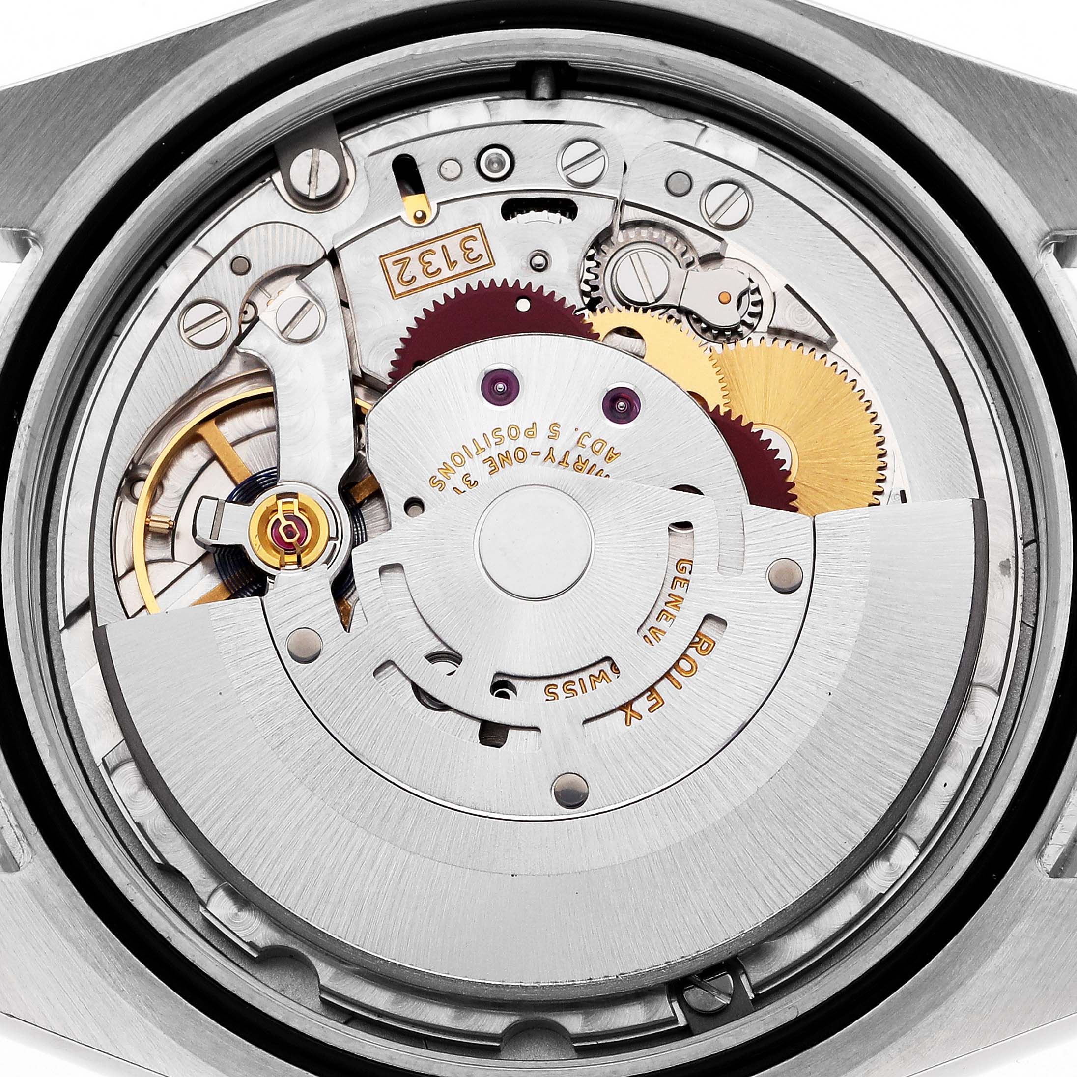 This is a detailed view of the Rolex Explorer 214270 Men's Stainless Steel Black Dial 214270 Men's Stainless Steel Black Dial's movement, showing gears, rotors, and intricate mechanical components.