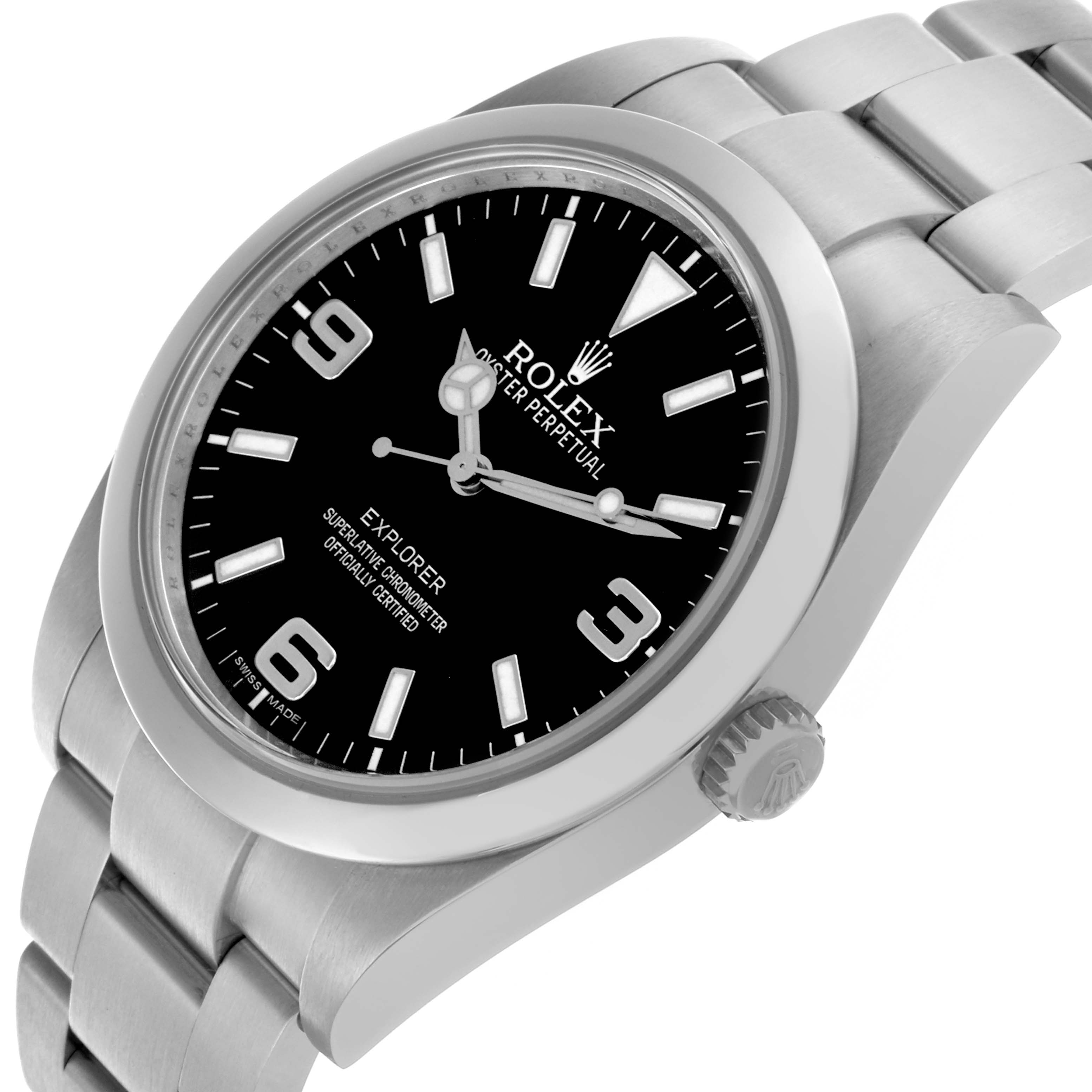 The Rolex Explorer 214270 Men's Stainless Steel Black Dial 214270 Men's Stainless Steel Black Dial watch is shown from a front-side angle, highlighting the dial, bezel, crown, and bracelet.