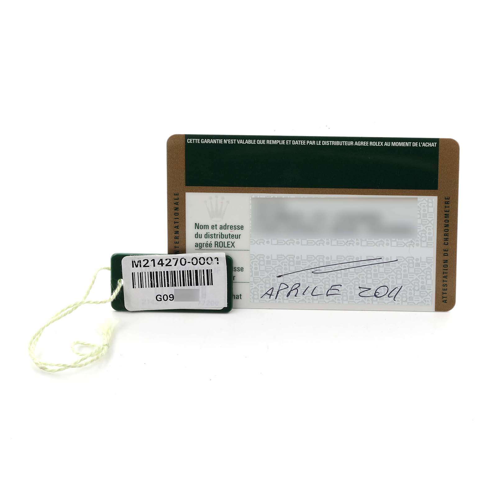The image shows a warranty card and tag for a Rolex Explorer 214270 Men's Stainless Steel Black Dial 214270 Men's Stainless Steel Black Dial watch, displayed from a front angle.