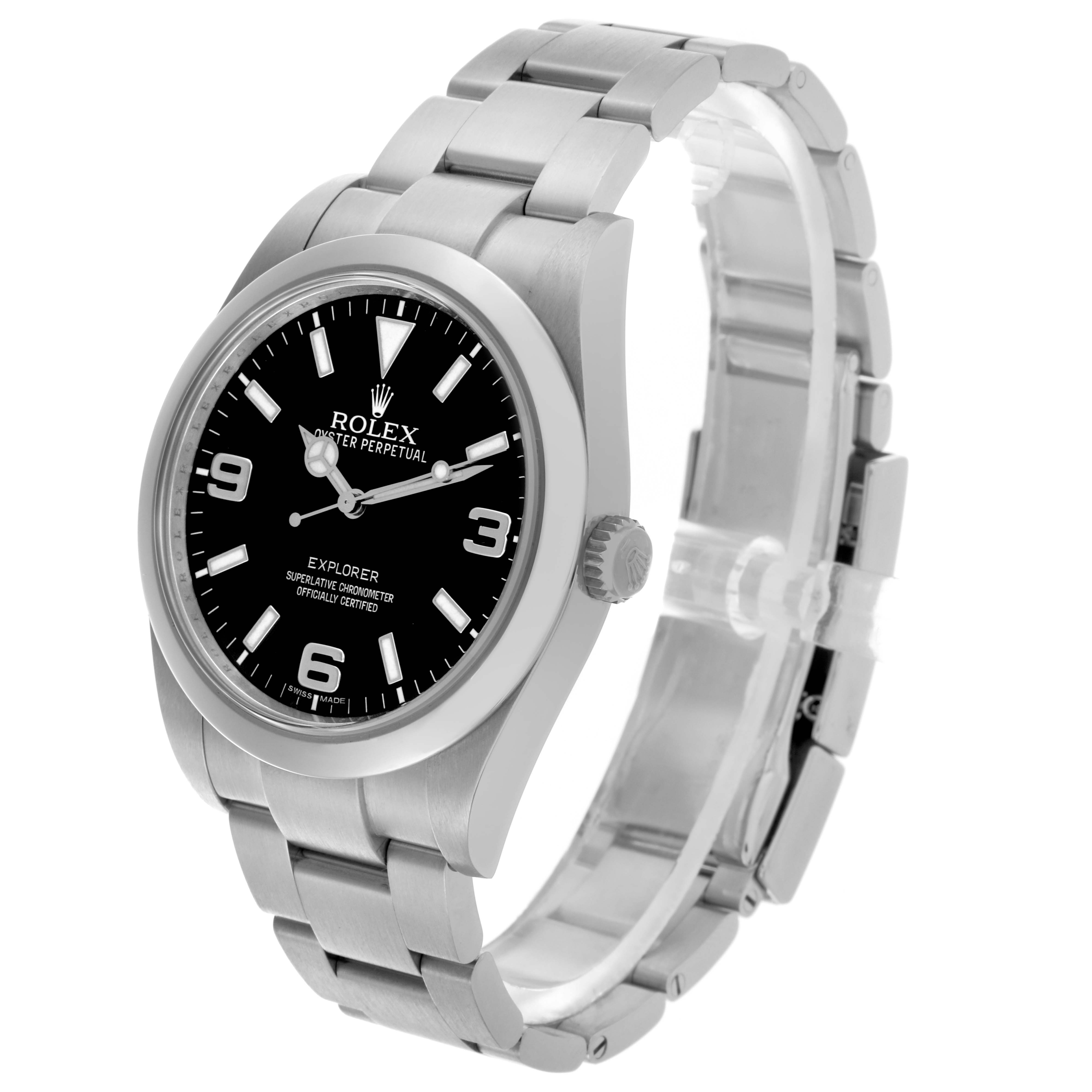 The Rolex Explorer 214270 Men's Stainless Steel Black Dial 214270 Men's Stainless Steel Black Dial watch is shown at a three-quarter angle, displaying the face, bezel, crown, and bracelet.