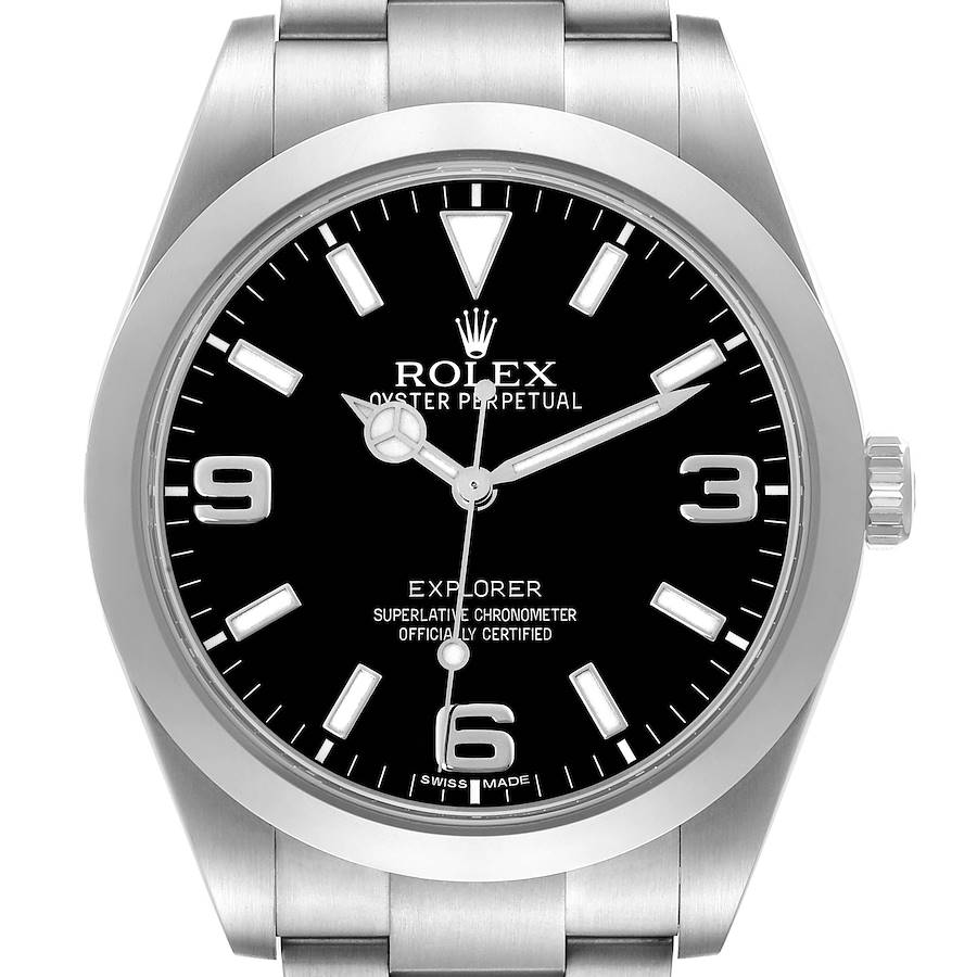 The Rolex Explorer watch is shown from a front angle, displaying the dial, hour markers, hands, case, and part of the bracelet.