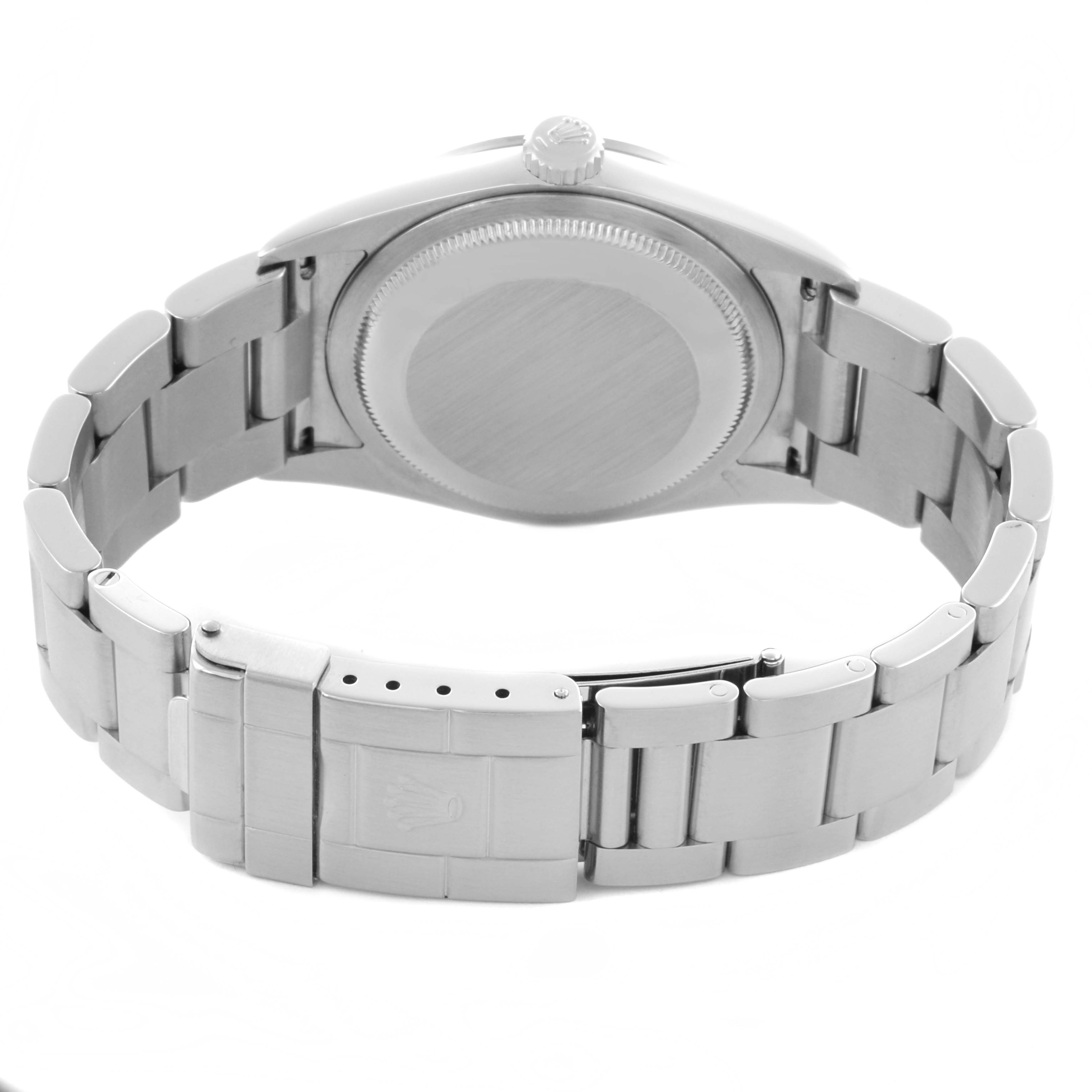 The image shows the back and bracelet of a Rolex Explorer 114270 Men's Stainless Steel Black Dial 114270 Men's Stainless Steel Black Dial, with the case back and clasp visible.