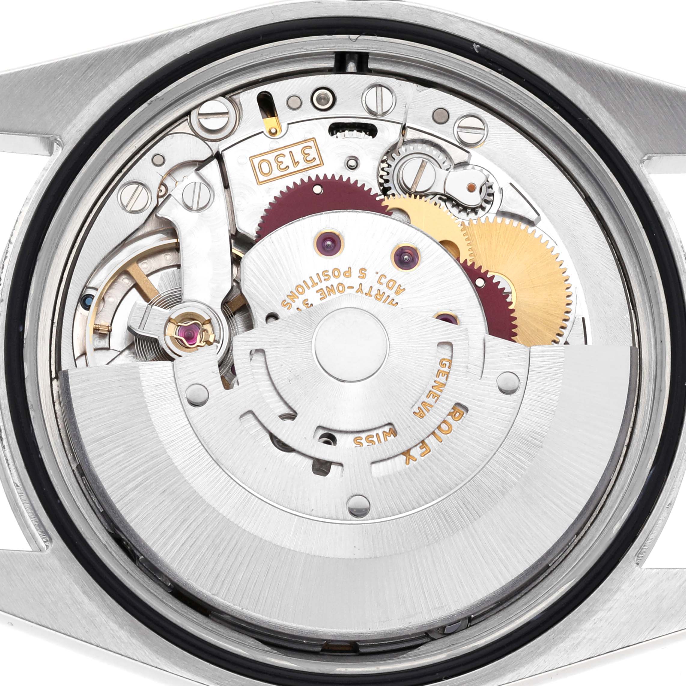 The image shows the movement of a Rolex Explorer 114270 Men's Stainless Steel Black Dial 114270 Men's Stainless Steel Black Dial watch, highlighting gears and mechanical components from a top-down angle.