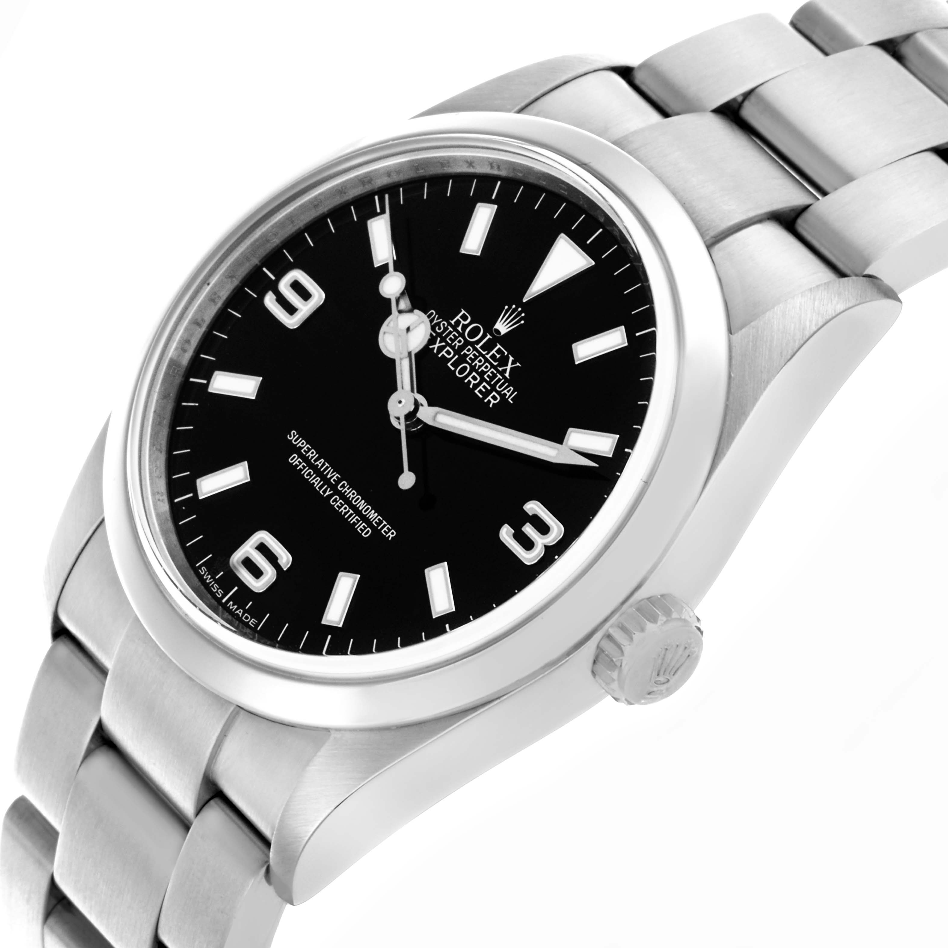 The Rolex Explorer 114270 Men's Stainless Steel Black Dial 114270 Men's Stainless Steel Black Dial watch is shown at a slight angle, highlighting the face, crown, and part of the bracelet.