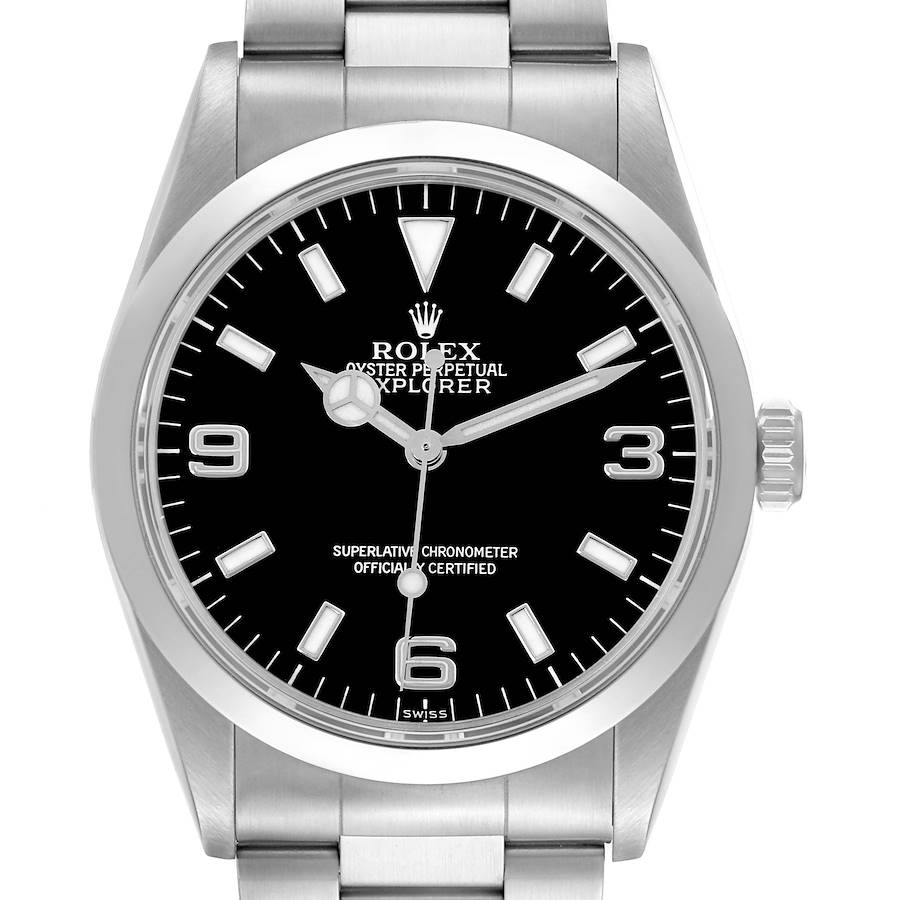 The Rolex Explorer watch is shown from the front, displaying the dial, hands, and stainless steel bracelet.