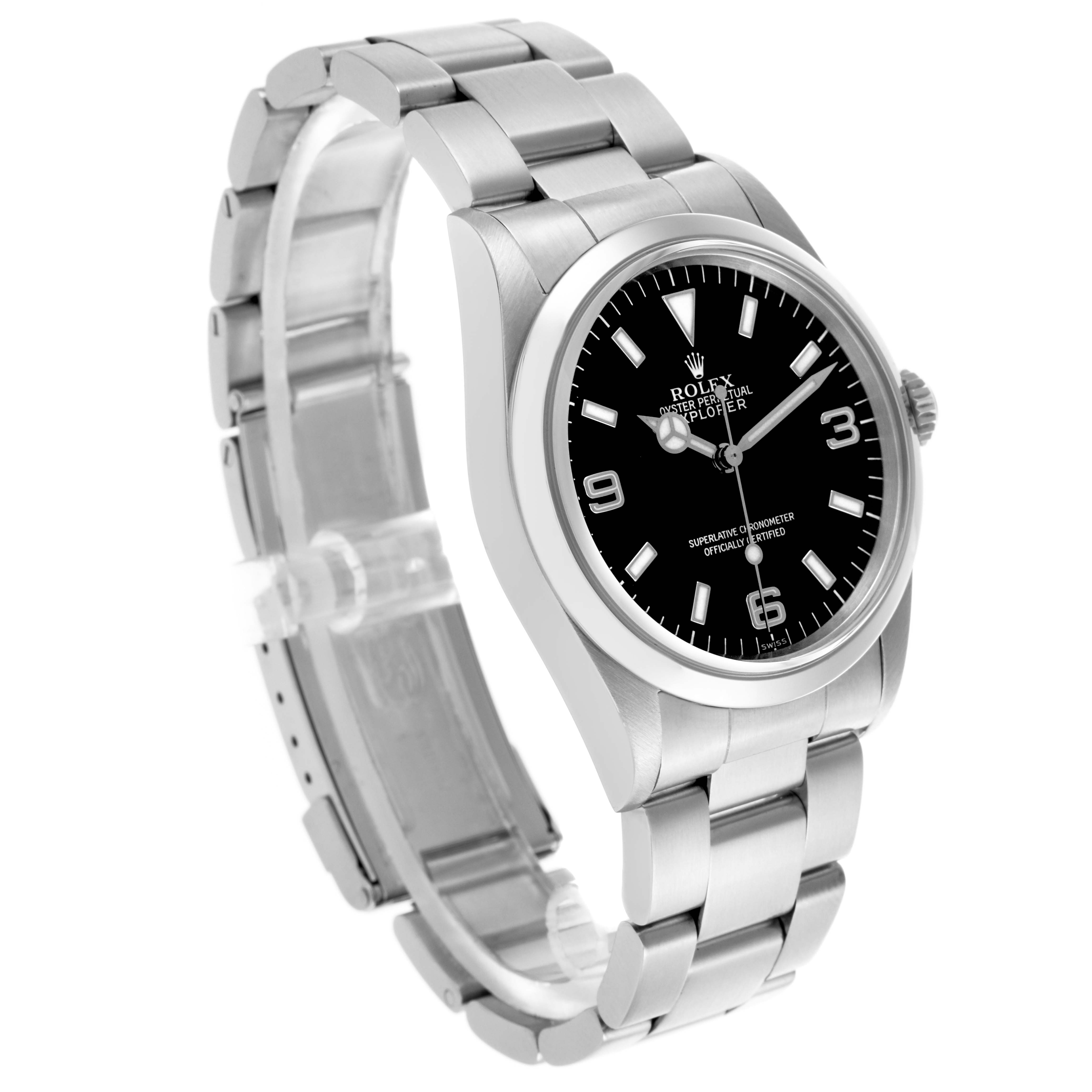 The Rolex Explorer 14270 Men's Stainless Steel Black Dial 14270 Men's Stainless Steel Black Dial watch is shown at a three-quarter angle, displaying the face, bezel, and part of the bracelet.