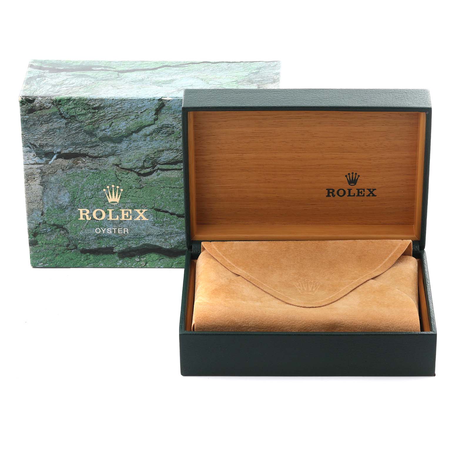 The image shows the packaging of the Rolex Explorer 14270 Men's Stainless Steel Black Dial 14270 Men's Stainless Steel Black Dial watch, including the box and a suede pouch, viewed from the front.