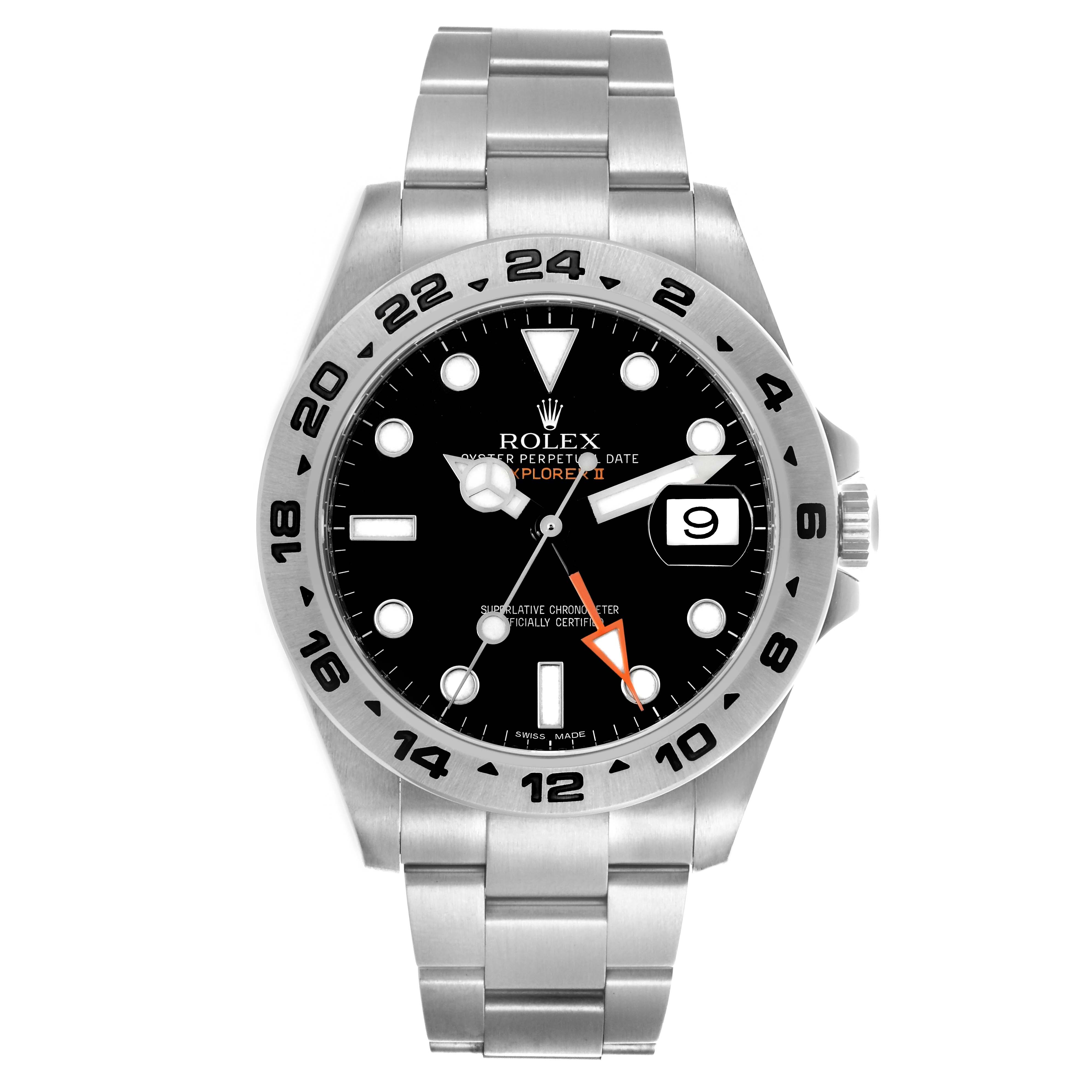 The Rolex Explorer 216570 Men's Stainless Steel Black Dial 216570 Men's Stainless Steel Black Dial watch is shown from the front, highlighting the dial, bezel, bracelet, and crown.