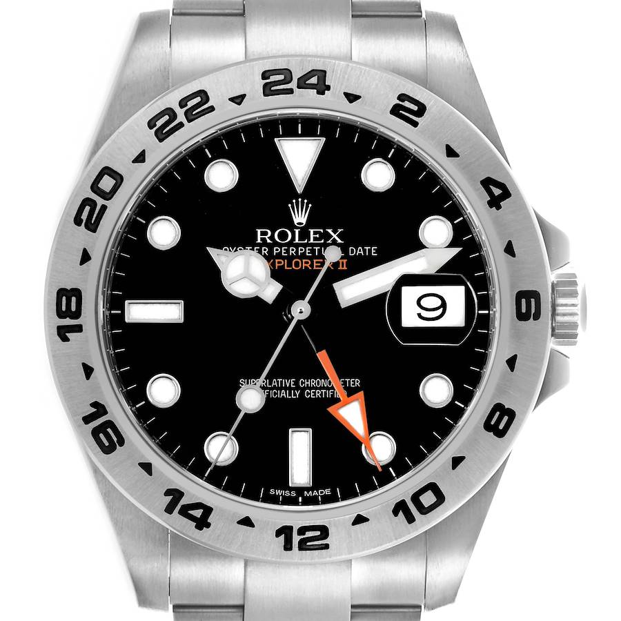 The image shows a front view of the Rolex Explorer model, highlighting its dial, bezel, hands, and date window.