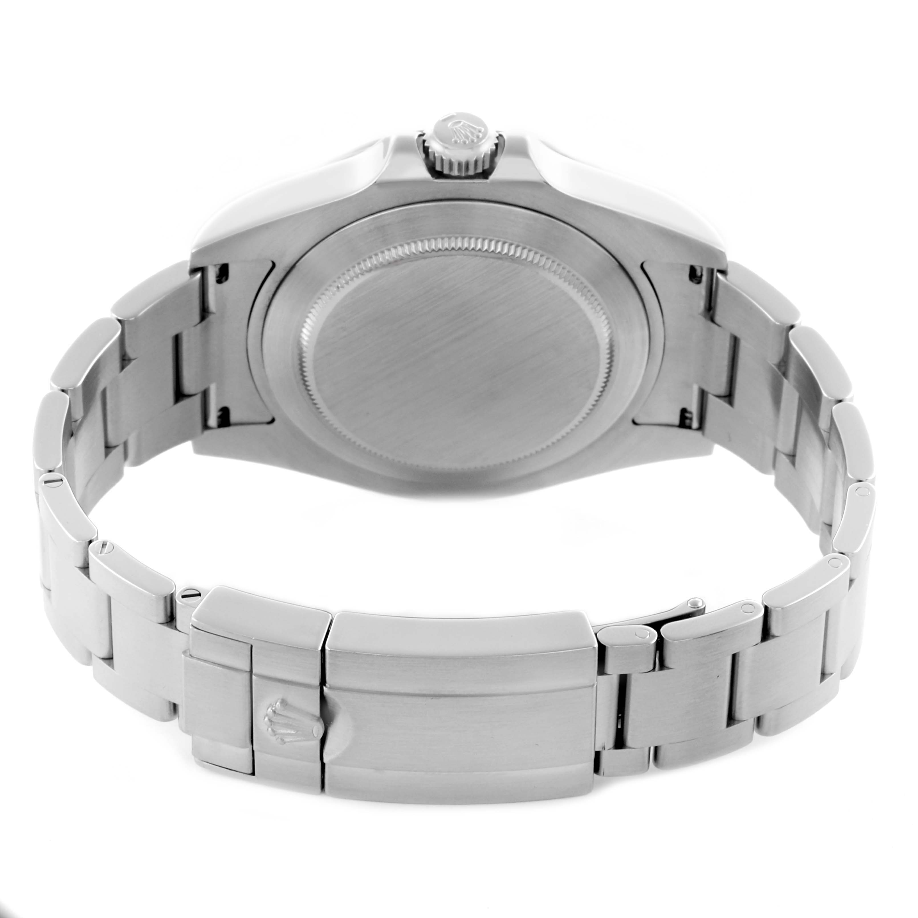 The image shows the back of the Rolex Explorer 216570 Men's Stainless Steel Black Dial 216570 Men's Stainless Steel Black Dial, highlighting the case back, bracelet, crown, and clasp from a rear angle.