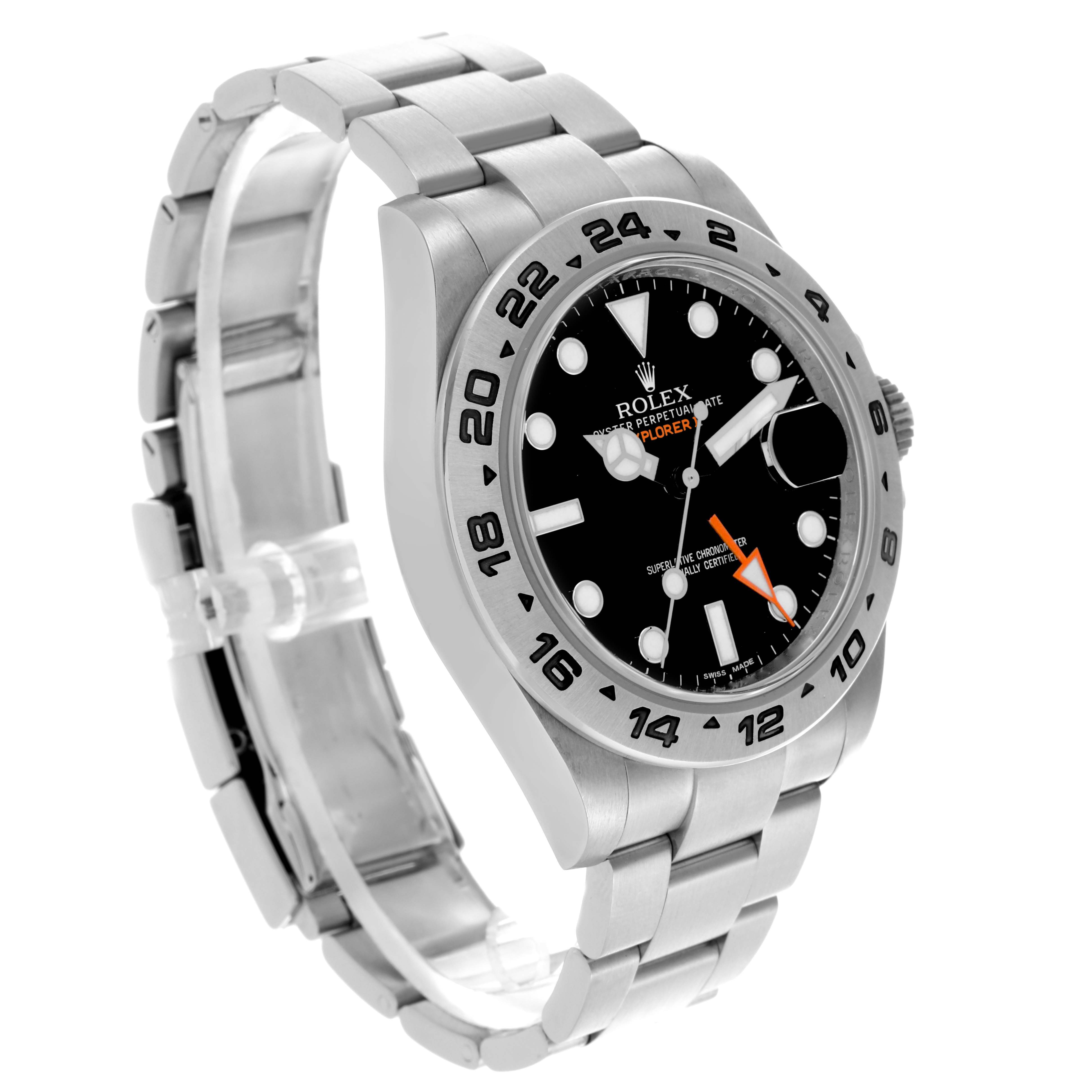 The Rolex Explorer 216570 Men's Stainless Steel Black Dial 216570 Men's Stainless Steel Black Dial watch is shown at a three-quarter angle, highlighting the bracelet, bezel, and dial.