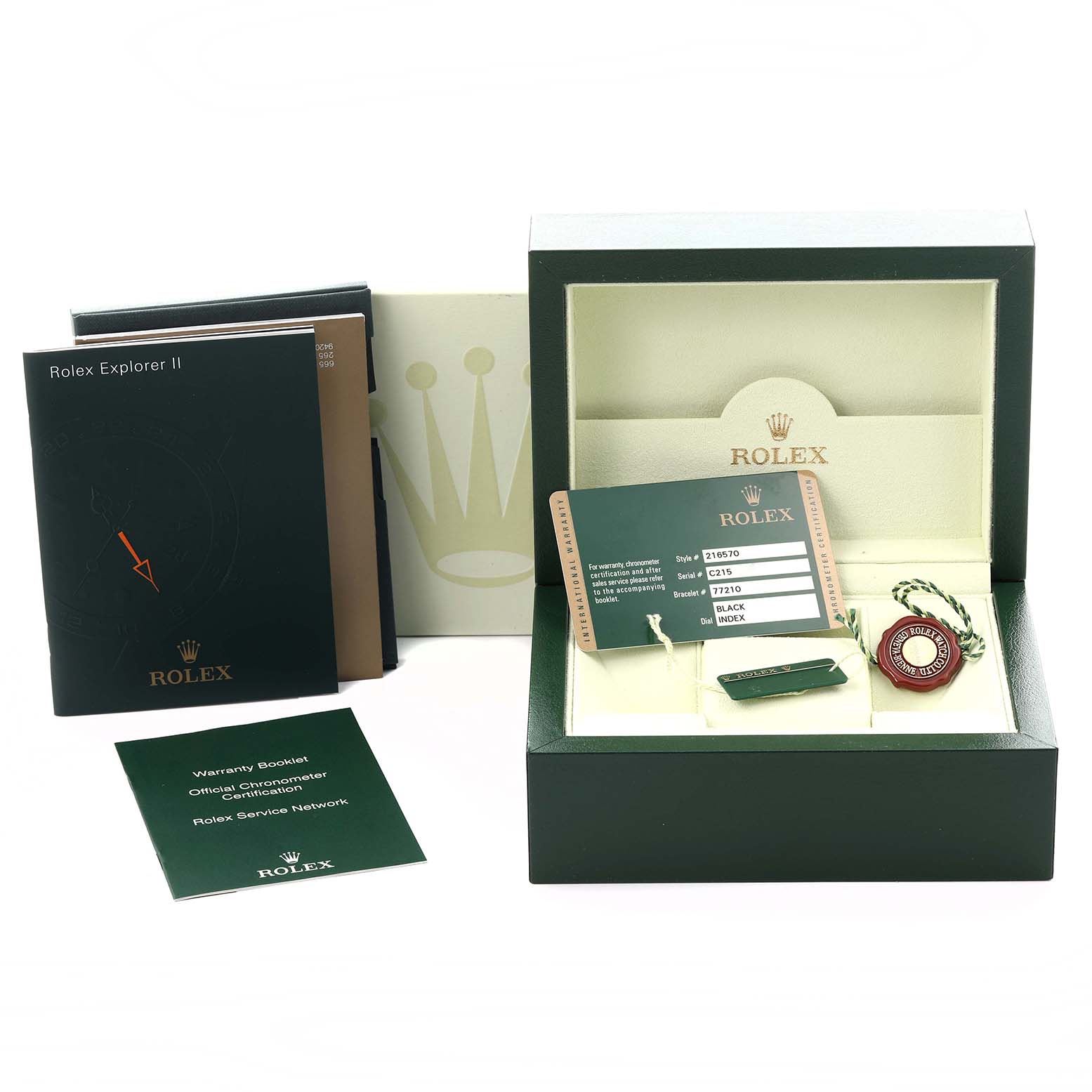 The image shows a Rolex Explorer 216570 Men's Stainless Steel Black Dial 216570 Men's Stainless Steel Black Dial box, booklets, warranty card, and tag from a frontal angle.