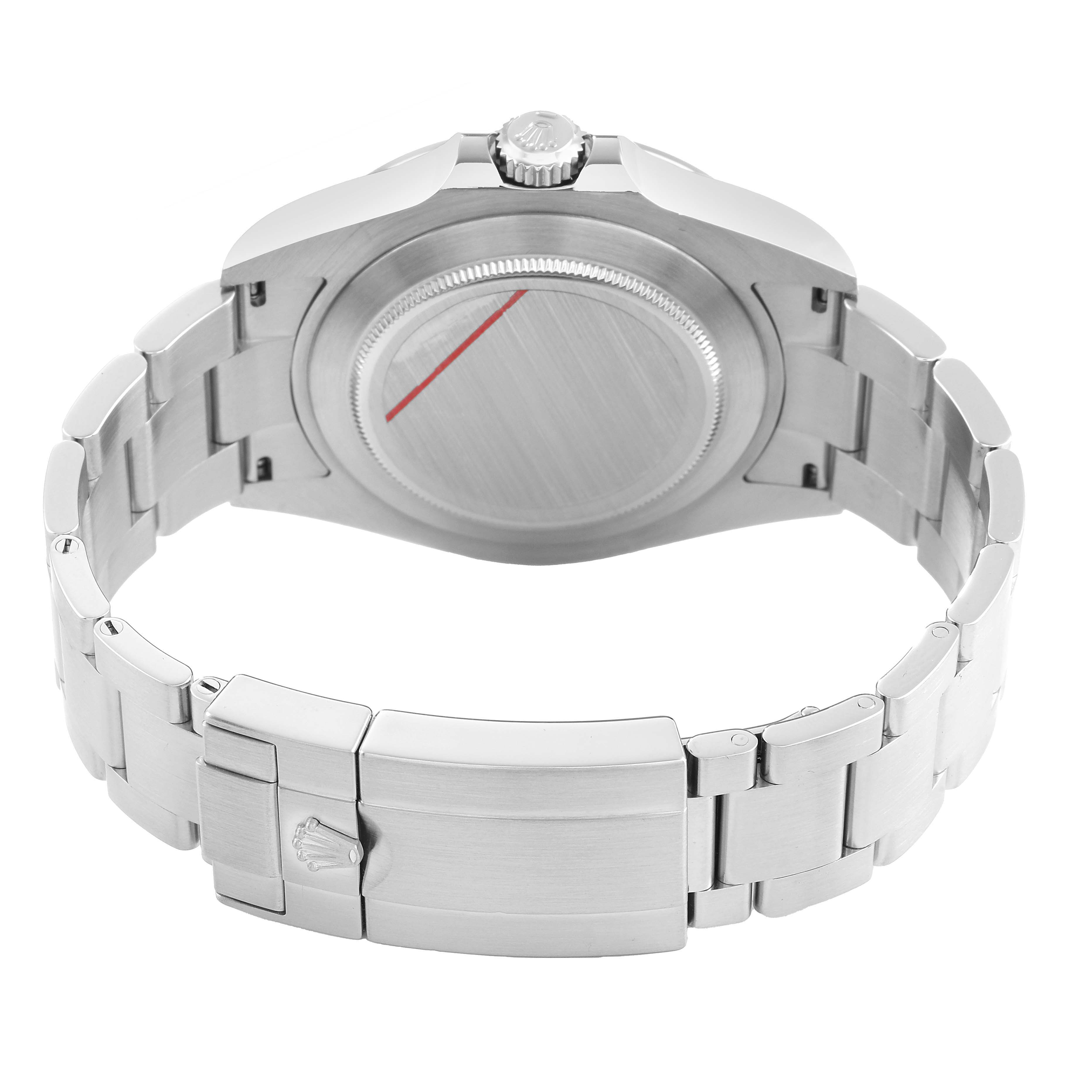 The Rolex Explorer 226570 Men's Stainless Steel White Dial watch is shown from the back, highlighting its bracelet, clasp, case back, and crown.