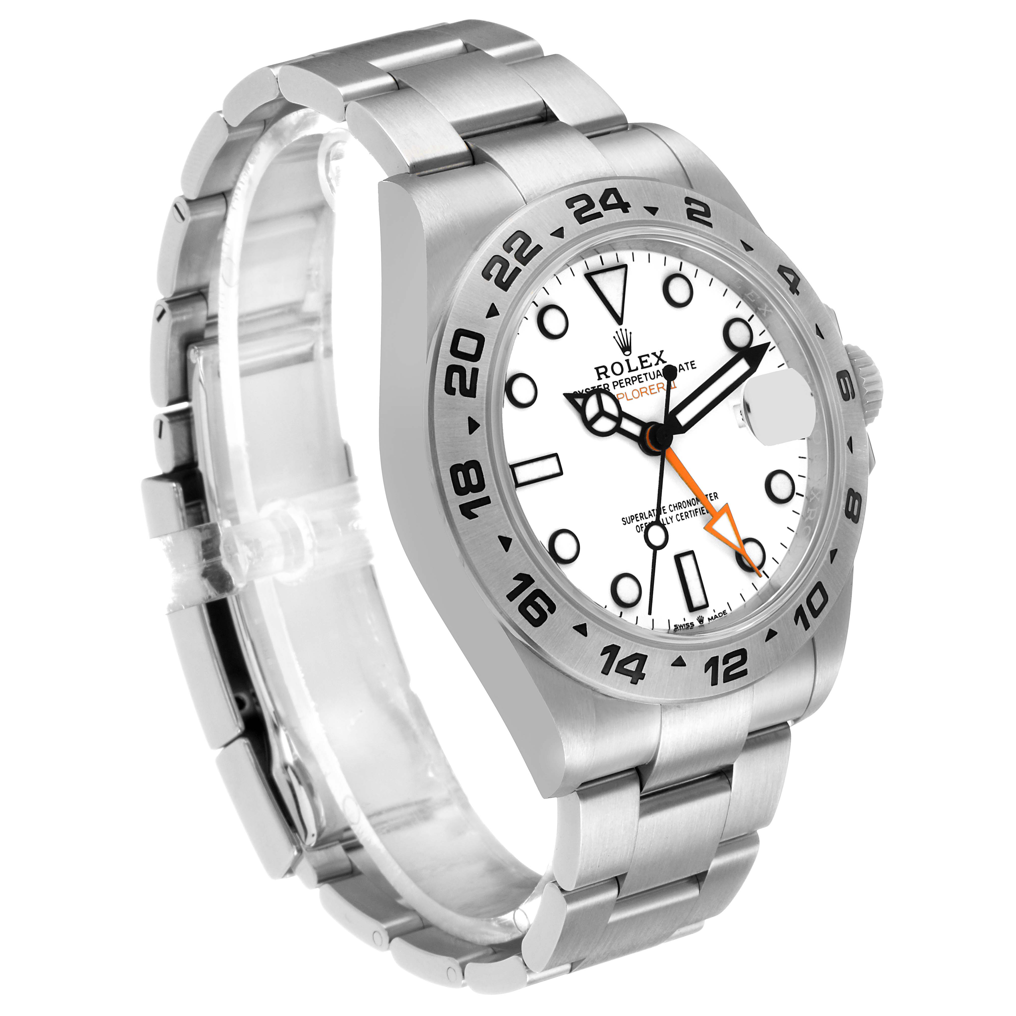 The Rolex Explorer 226570 Men's Stainless Steel White Dial watch is shown at a three-quarter angle, displaying the face, bezel, crown, and bracelet links.