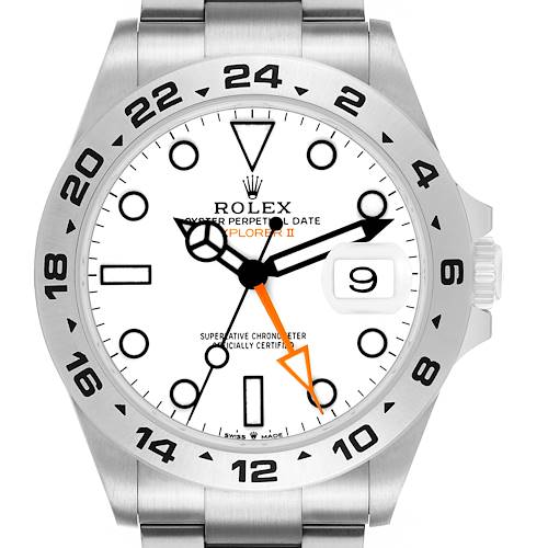 The Rolex Explorer 226570 Men's Stainless Steel White Dial II watch is shown from a front angle, displaying the dial, bezel, hands, and date window.
