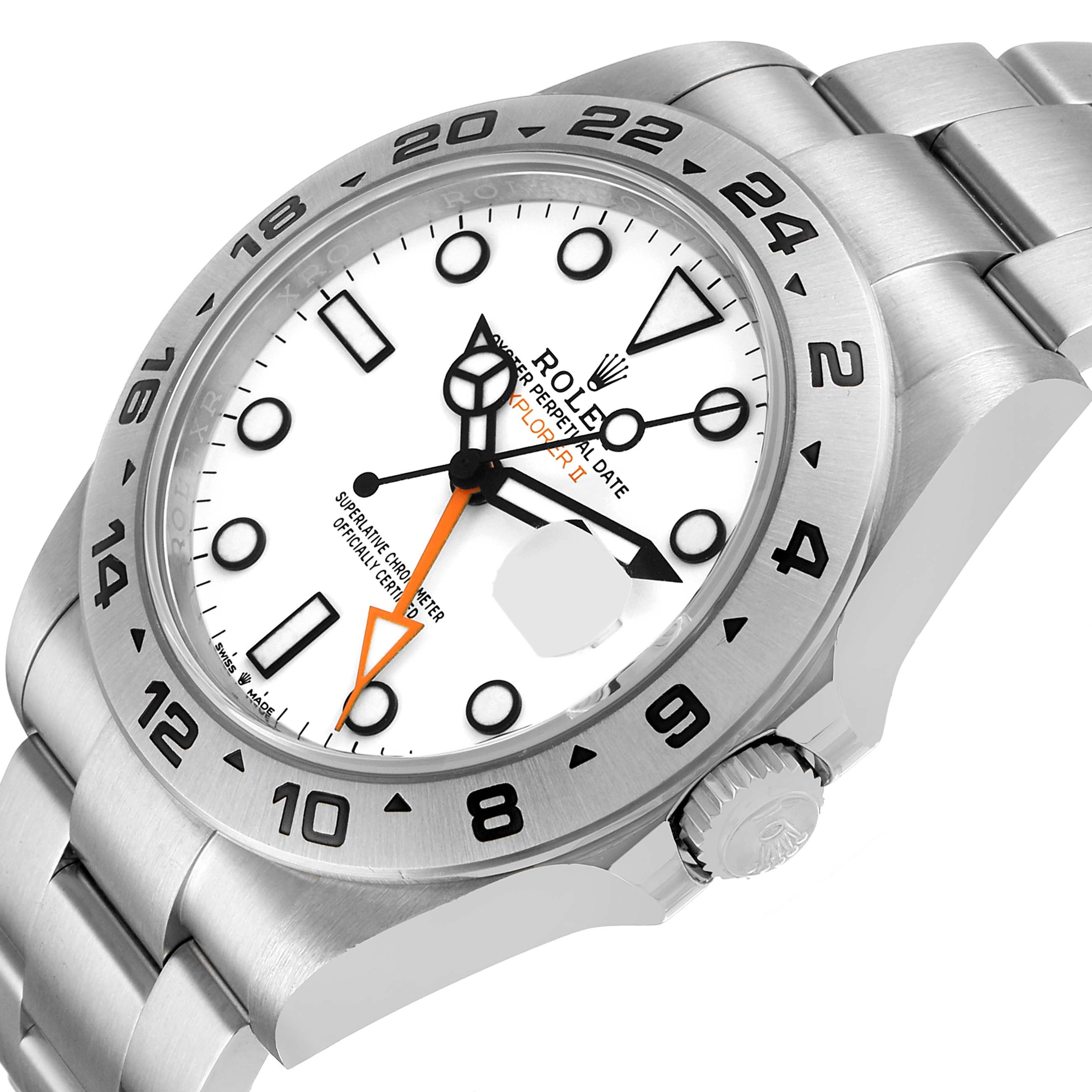 The Rolex Explorer 226570 Men's Stainless Steel White Dial watch is shown at a three-quarter angle, displaying the face, bezel, crown, and part of the bracelet.