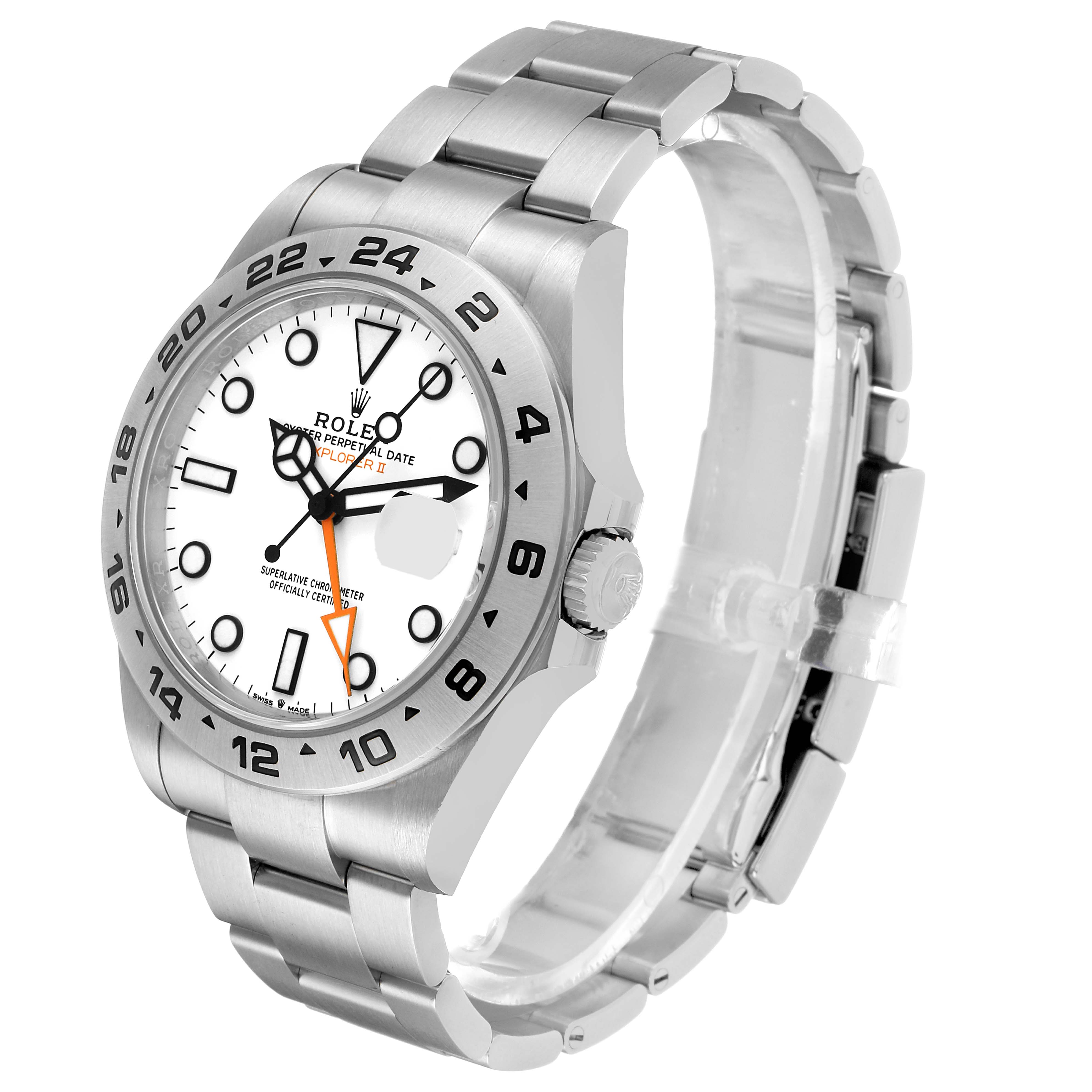 The Rolex Explorer 226570 Men's Stainless Steel White Dial model is shown at a three-quarter angle, highlighting the face, bezel, crown, and bracelet.