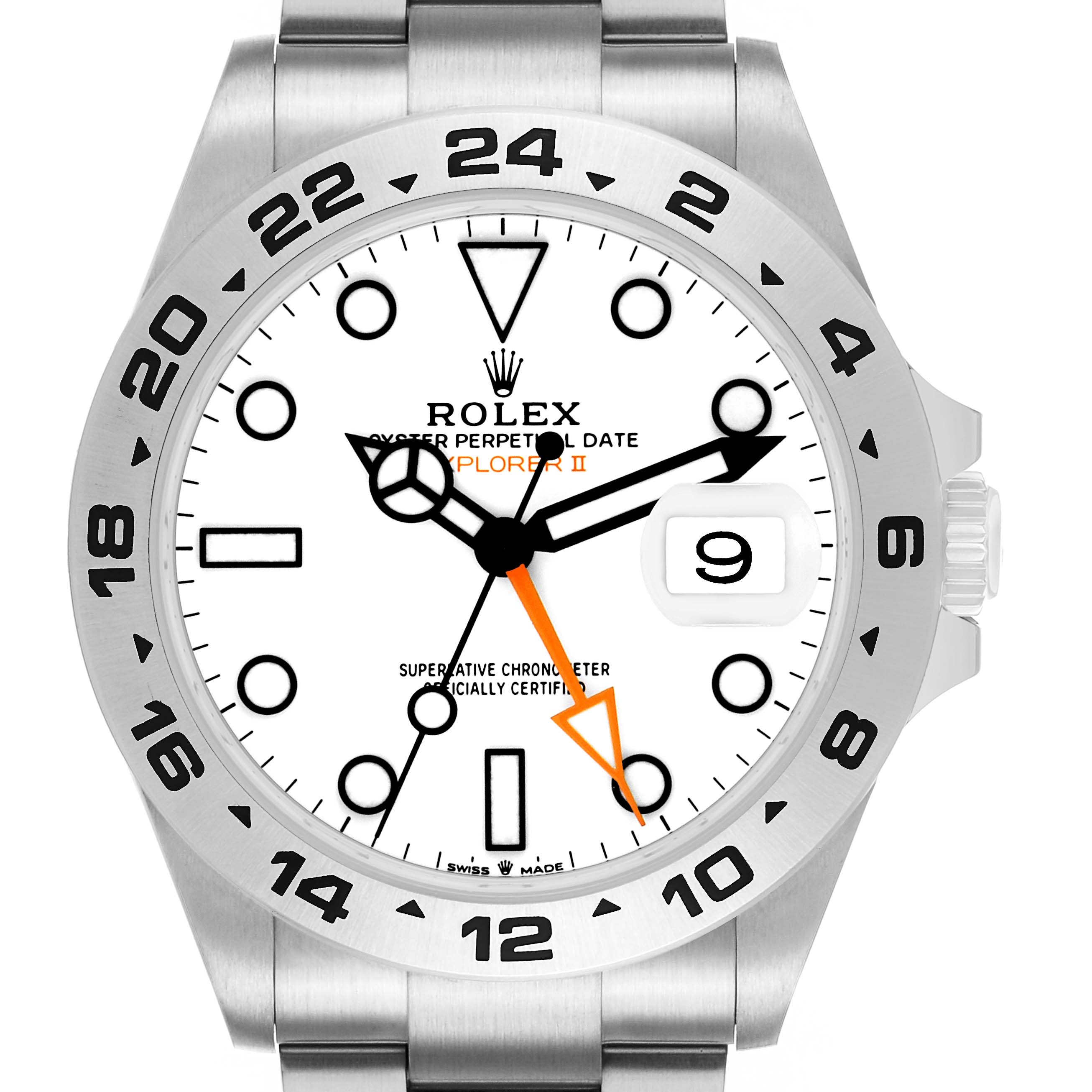 The Rolex Explorer 226570 Men's Stainless Steel White Dial II watch is shown from the front, highlighting its face, bezel, hands, and date feature.