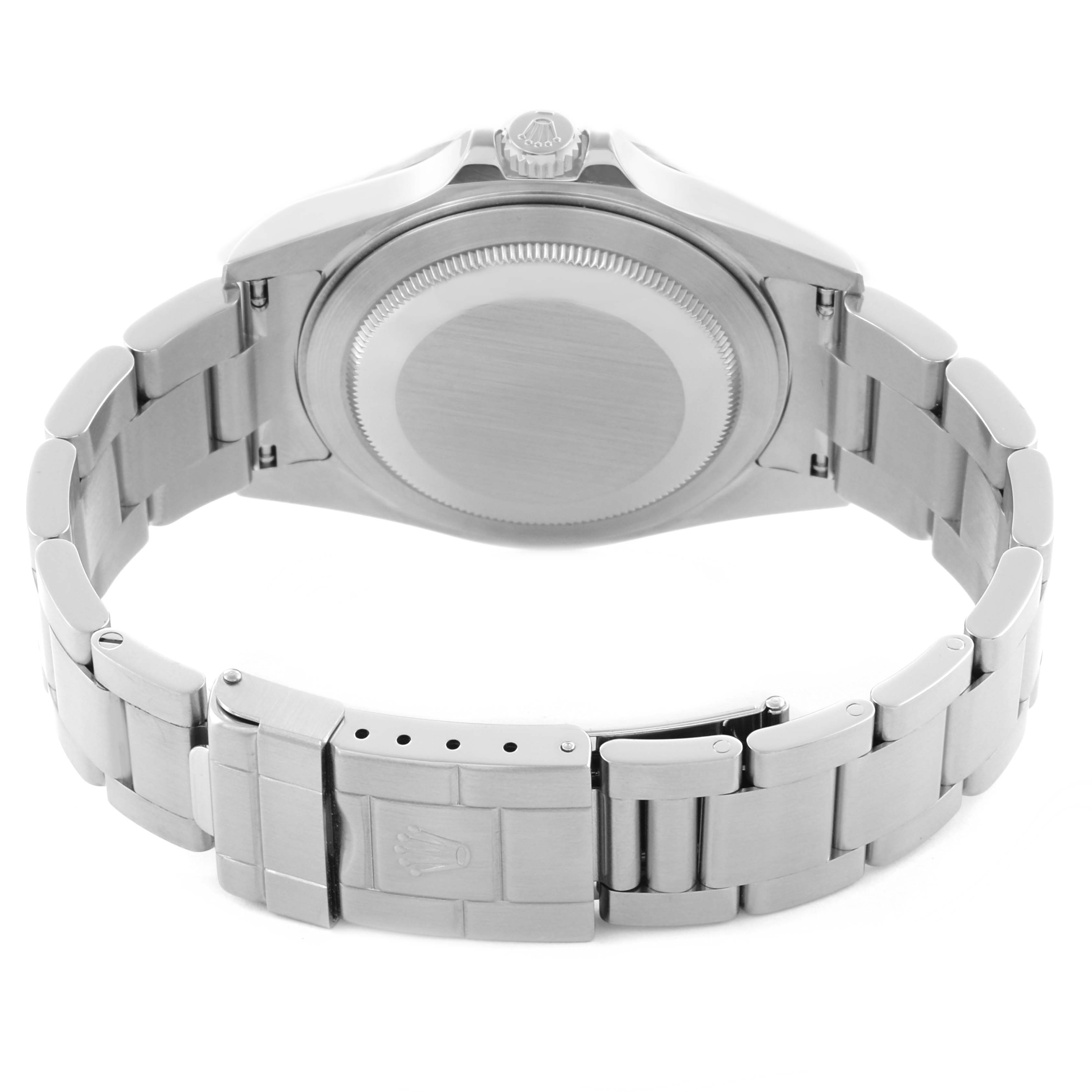 The image shows the back case and bracelet of a Rolex Explorer 16570T Men's Stainless Steel Black Dial 16570T Men's Stainless Steel Black Dial watch from a rear angle.