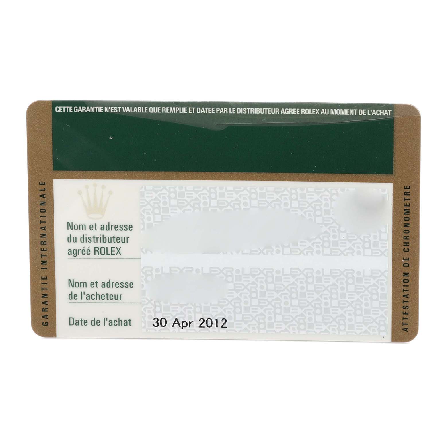 The image shows a warranty card for a Rolex Explorer 16570T Men's Stainless Steel Black Dial 16570T Men's Stainless Steel Black Dial watch, detailing purchase information and branding.