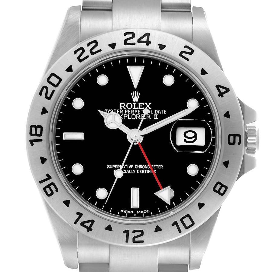 The Rolex Explorer II watch is shown from the front, displaying its bezel, dial, indices, hands, and date window.