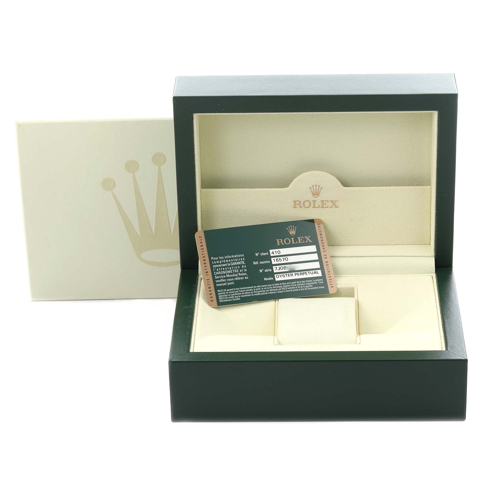 The image shows a Rolex Explorer 16570T Men's Stainless Steel Black Dial 16570T Men's Stainless Steel Black Dial watch box and warranty card, viewed from the front.