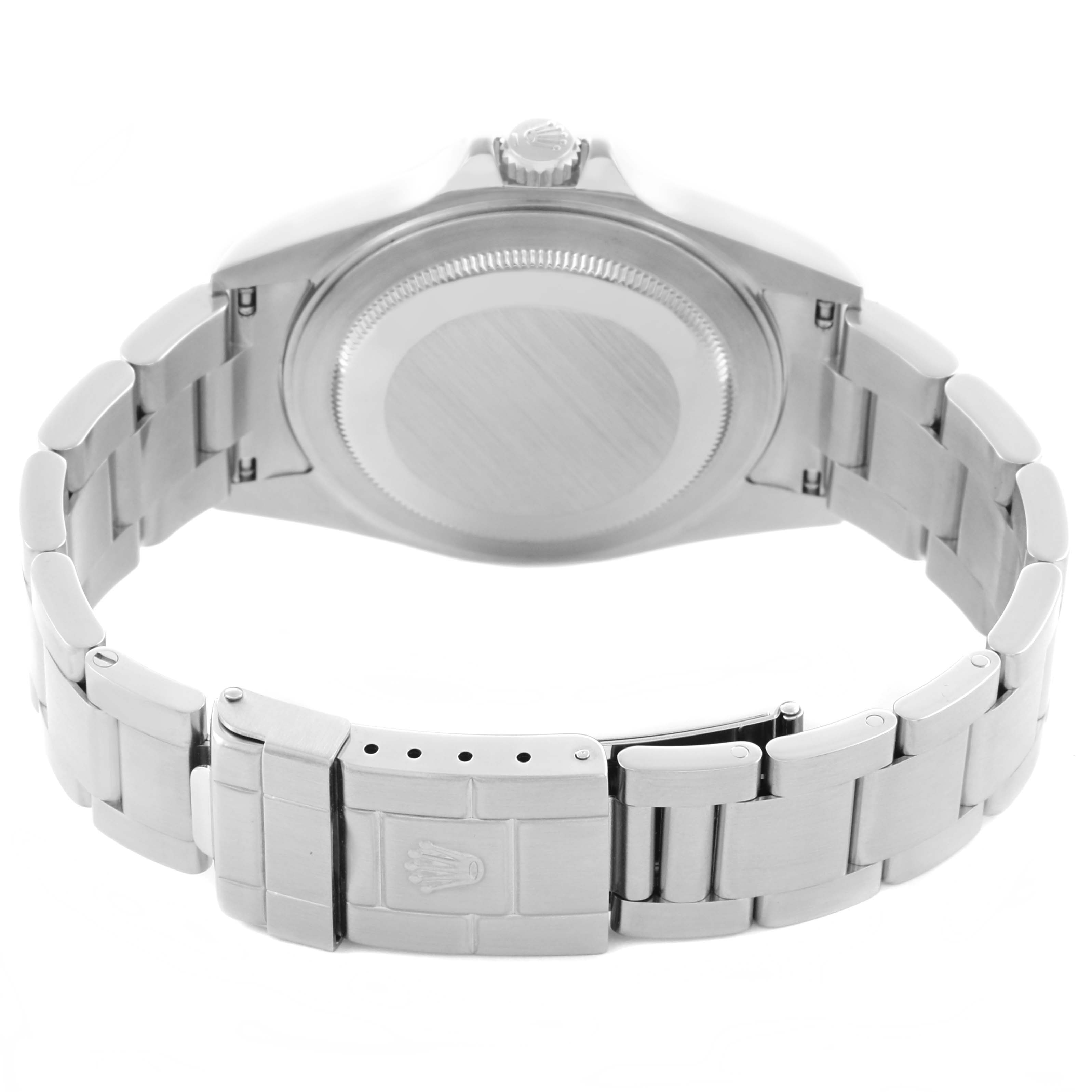 The image shows the back angle of the Rolex Explorer 16570 Men's Stainless Steel White Dial 16570 Men's Stainless Steel White Dial, highlighting the case back and bracelet clasp.