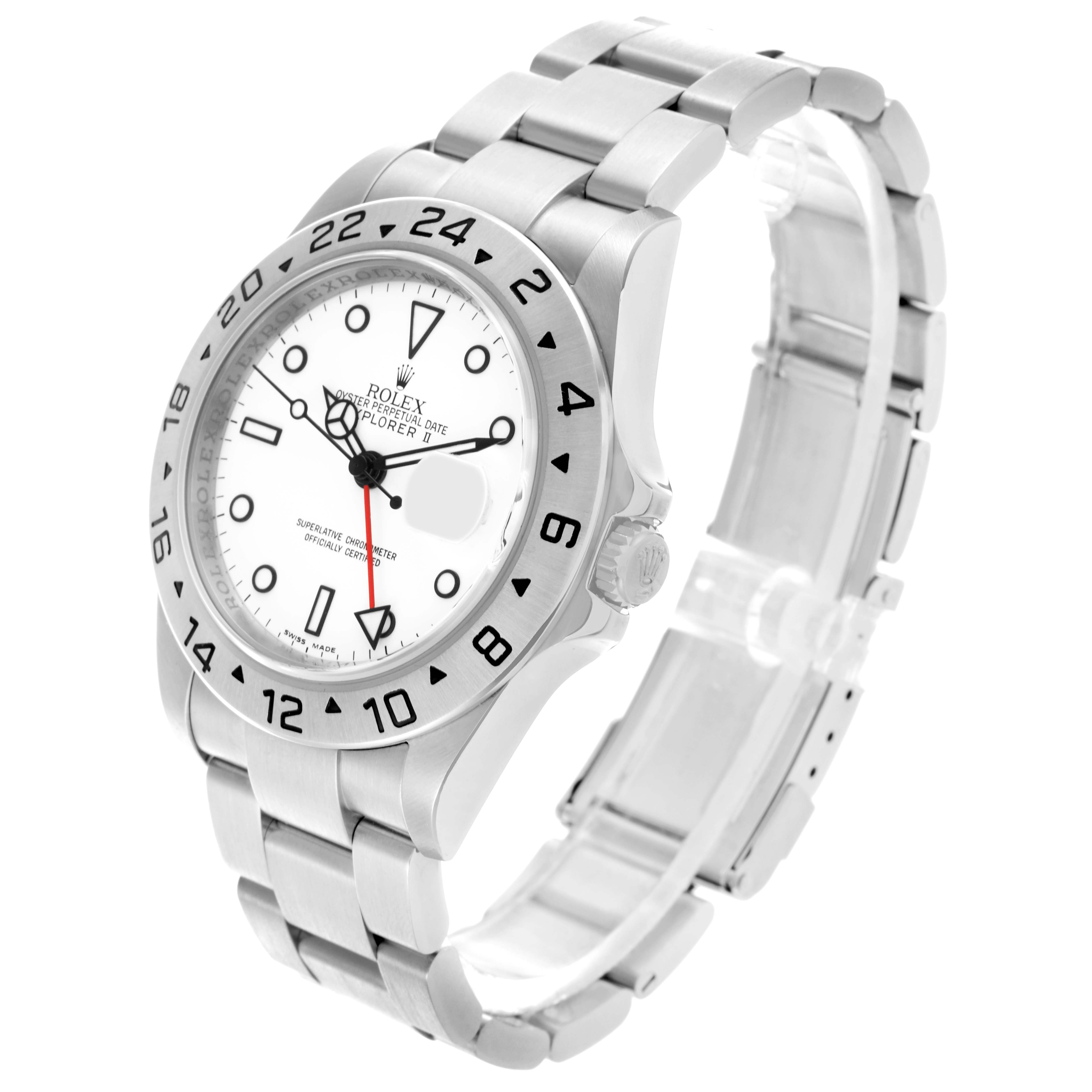 The Rolex Explorer 16570 Men's Stainless Steel White Dial 16570 Men's Stainless Steel White Dial watch is shown in a three-quarter angle, highlighting the face, bezel, crown, and metal bracelet.