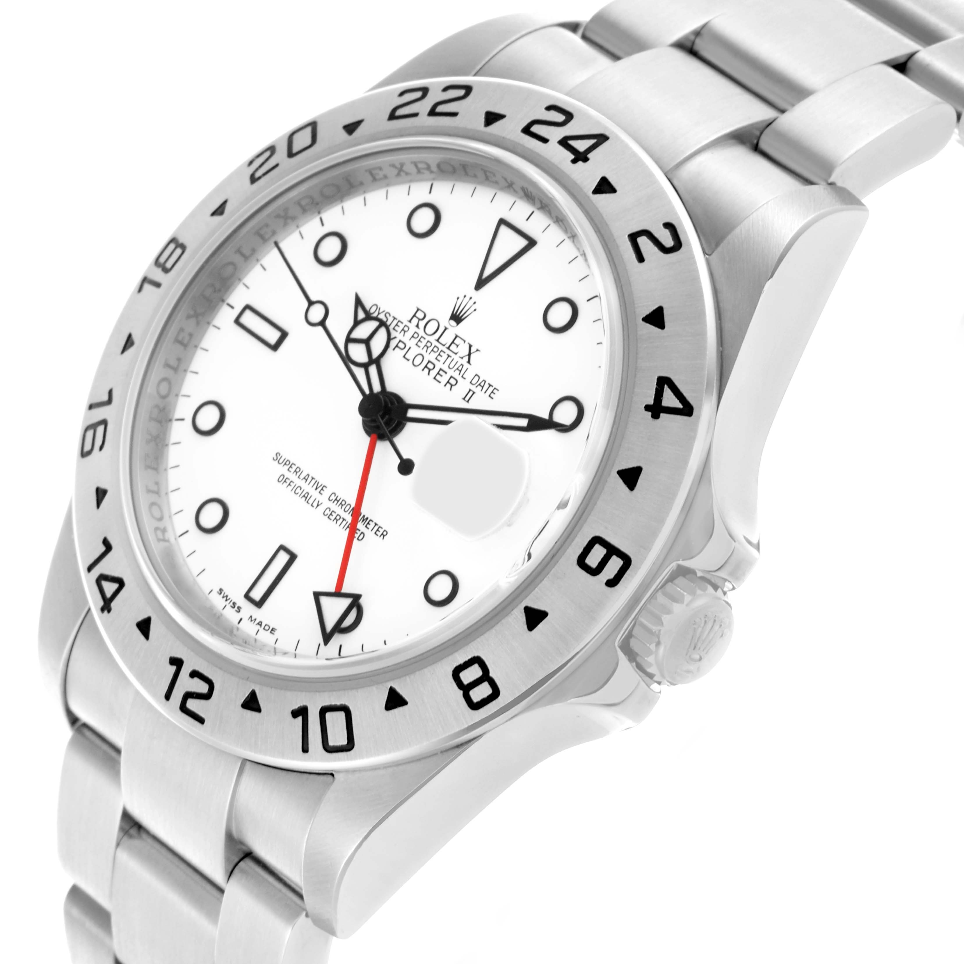 The image shows a Rolex Explorer 16570 Men's Stainless Steel White Dial 16570 Men's Stainless Steel White Dial watch from a tilted angle highlighting the dial, bezel, crown, and part of the bracelet.