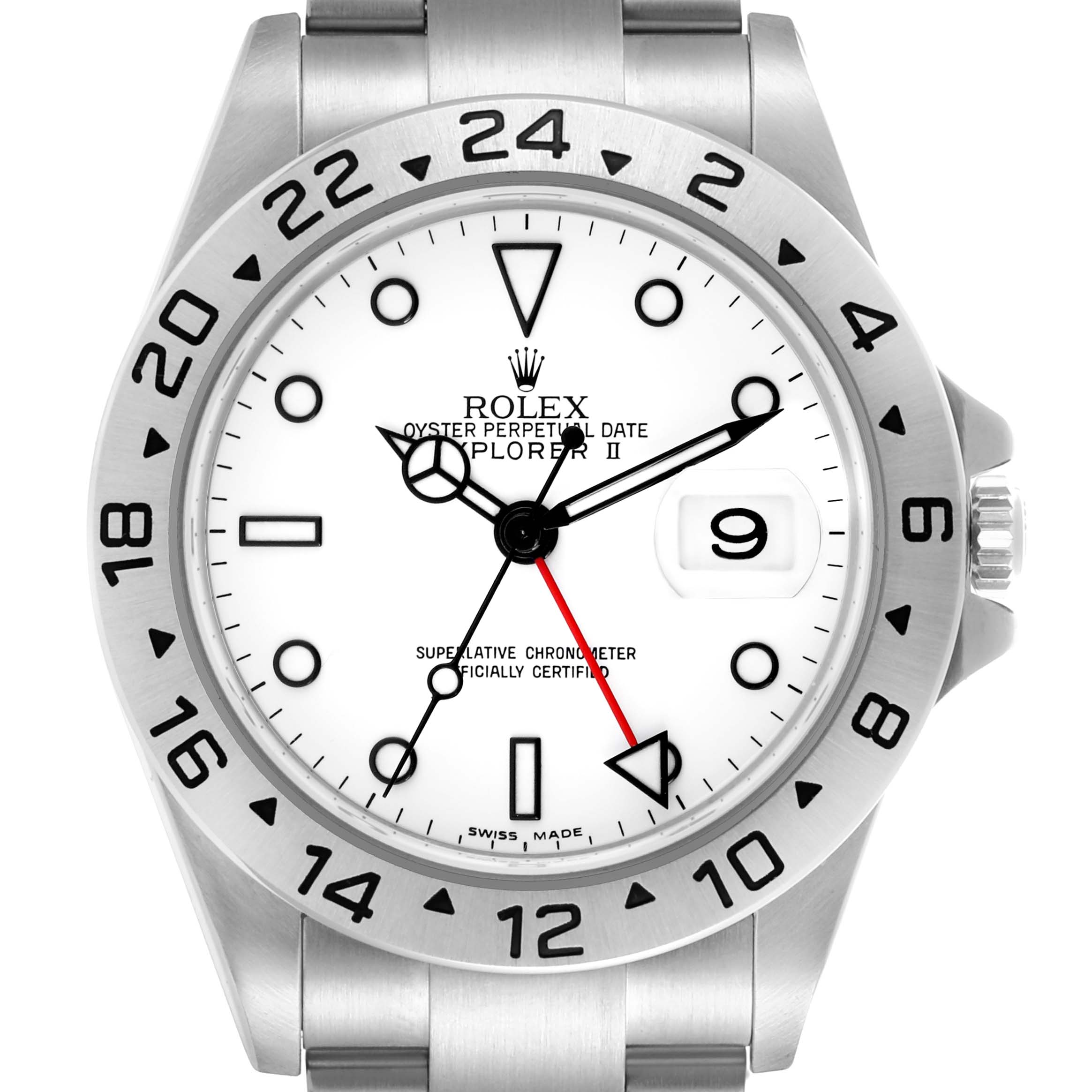 The Rolex Explorer 16570 Men's Stainless Steel White Dial 16570 Men's Stainless Steel White Dial watch is shown from a front angle highlighting the dial, bezel, and part of the bracelet.