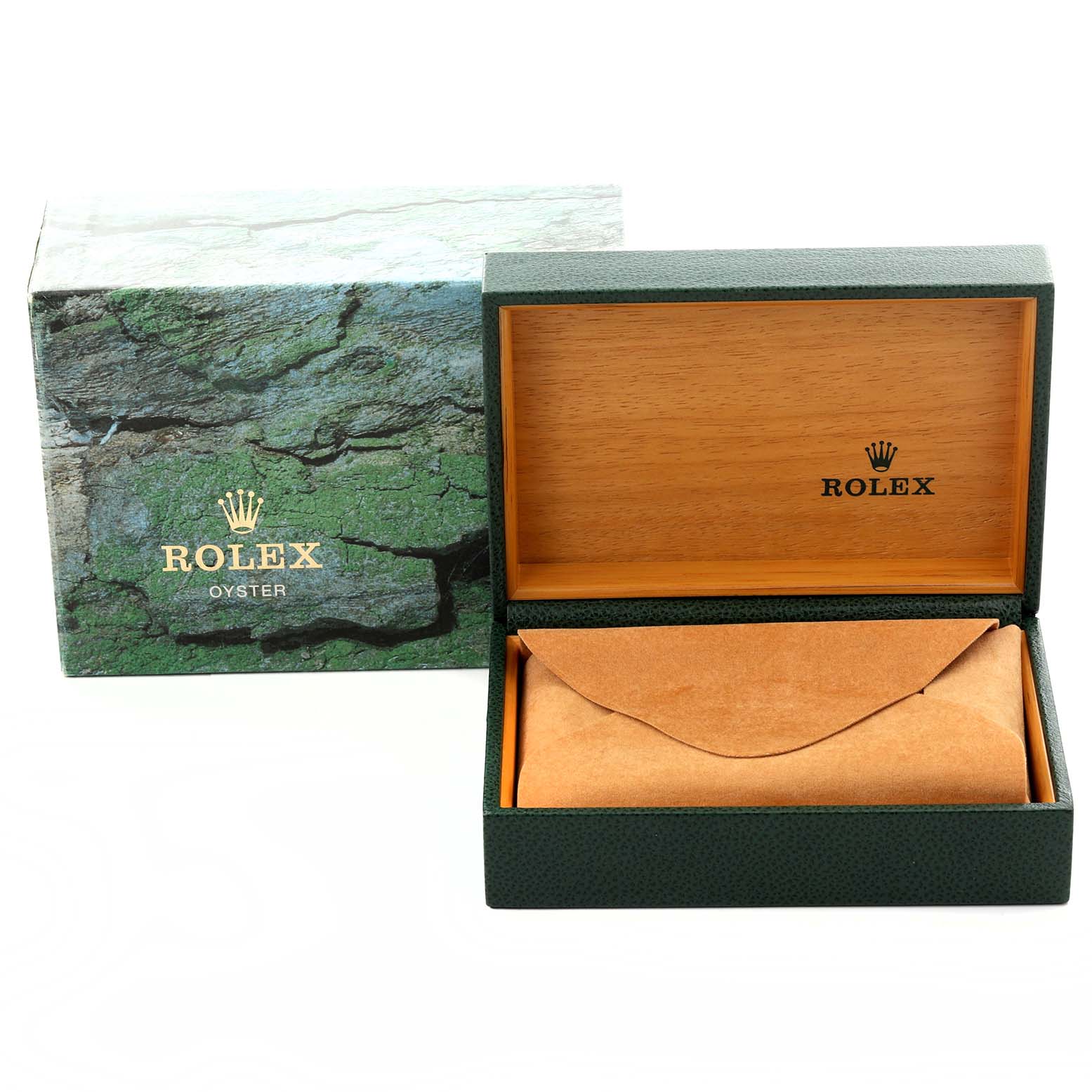 The image shows the packaging for a Rolex Explorer 16570 Men's Stainless Steel White Dial 16570 Men's Stainless Steel White Dial watch, including an open box and exterior box with branding visible.