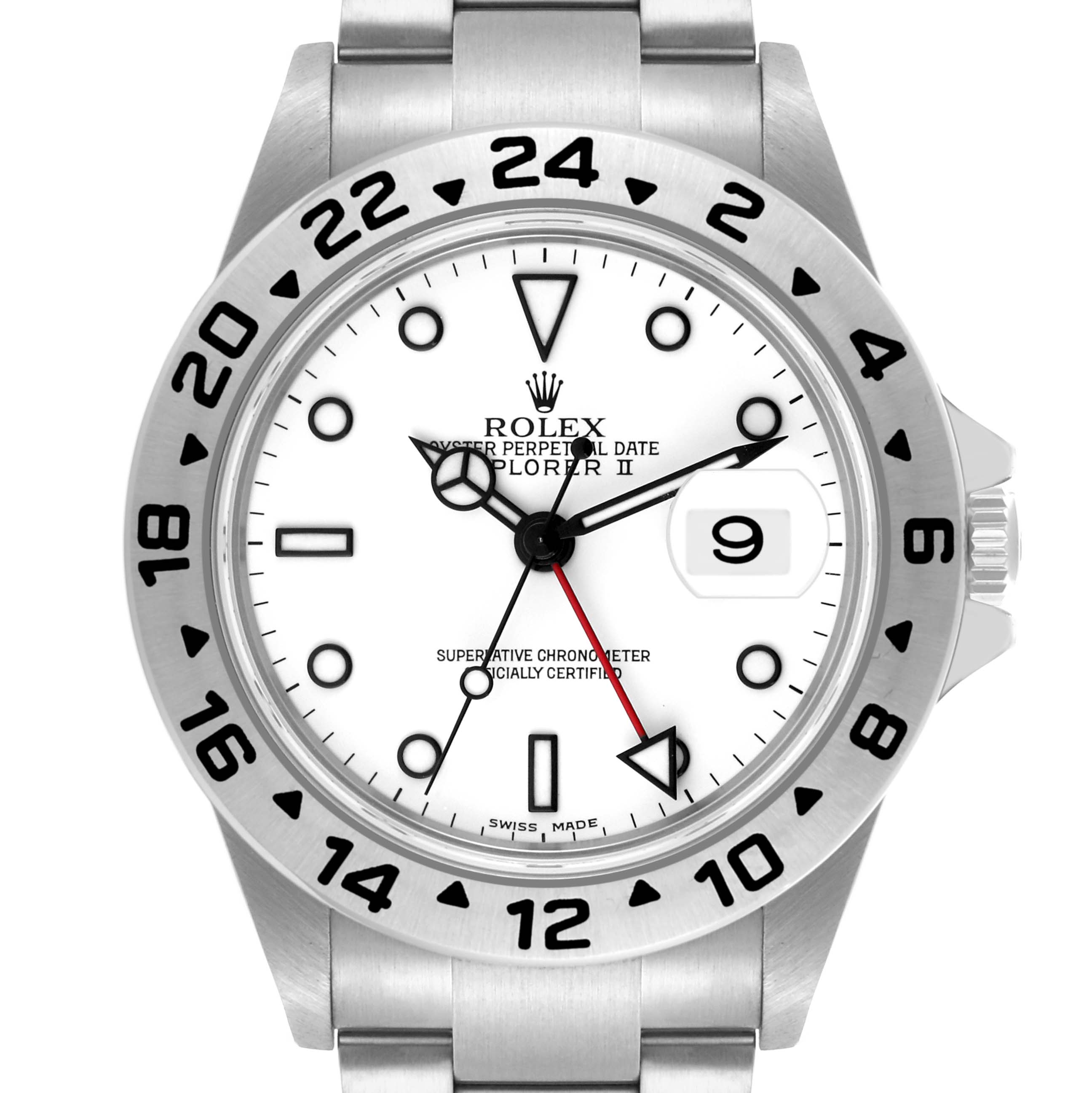 The Rolex Explorer 16570 Men's Stainless Steel White Dial 16570 Men's Stainless Steel White Dial watch is shown from the front, highlighting the dial, bezel, date, and part of the bracelet.