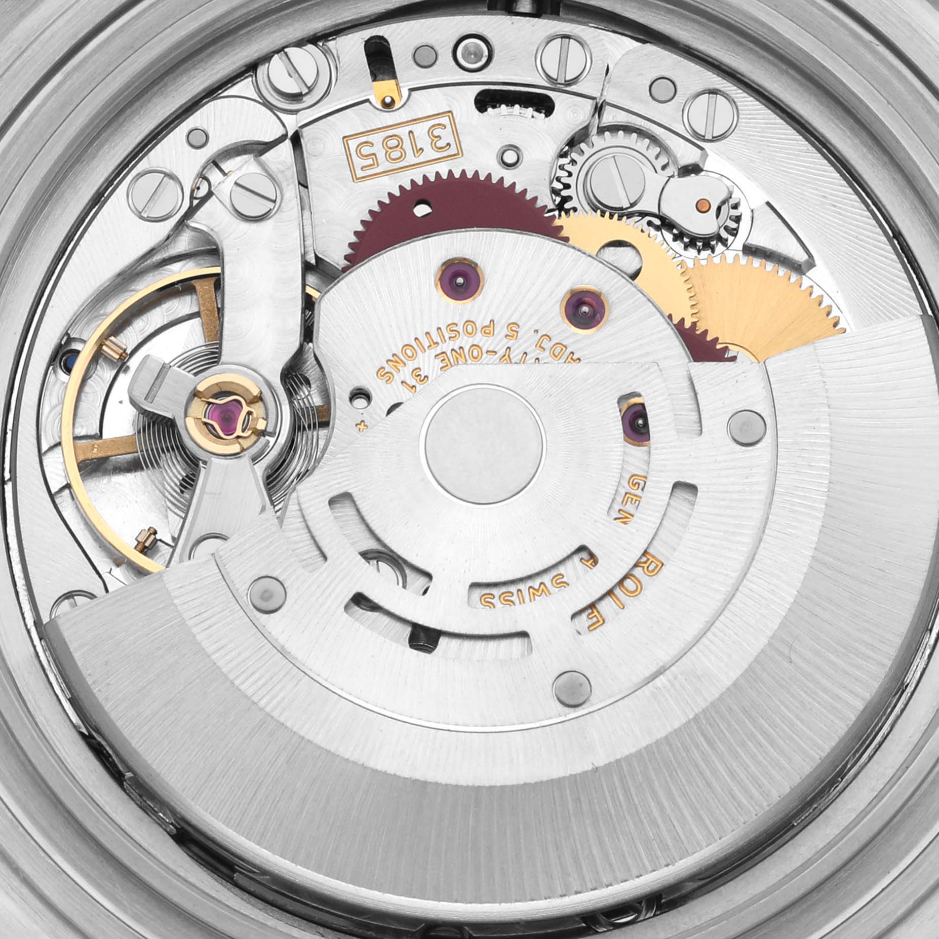 This image shows the movement of the Rolex Explorer 16570 Men's Stainless Steel White Dial 16570 Men's Stainless Steel White Dial watch, displaying gears, rotor, and intricate components from a top-down angle.