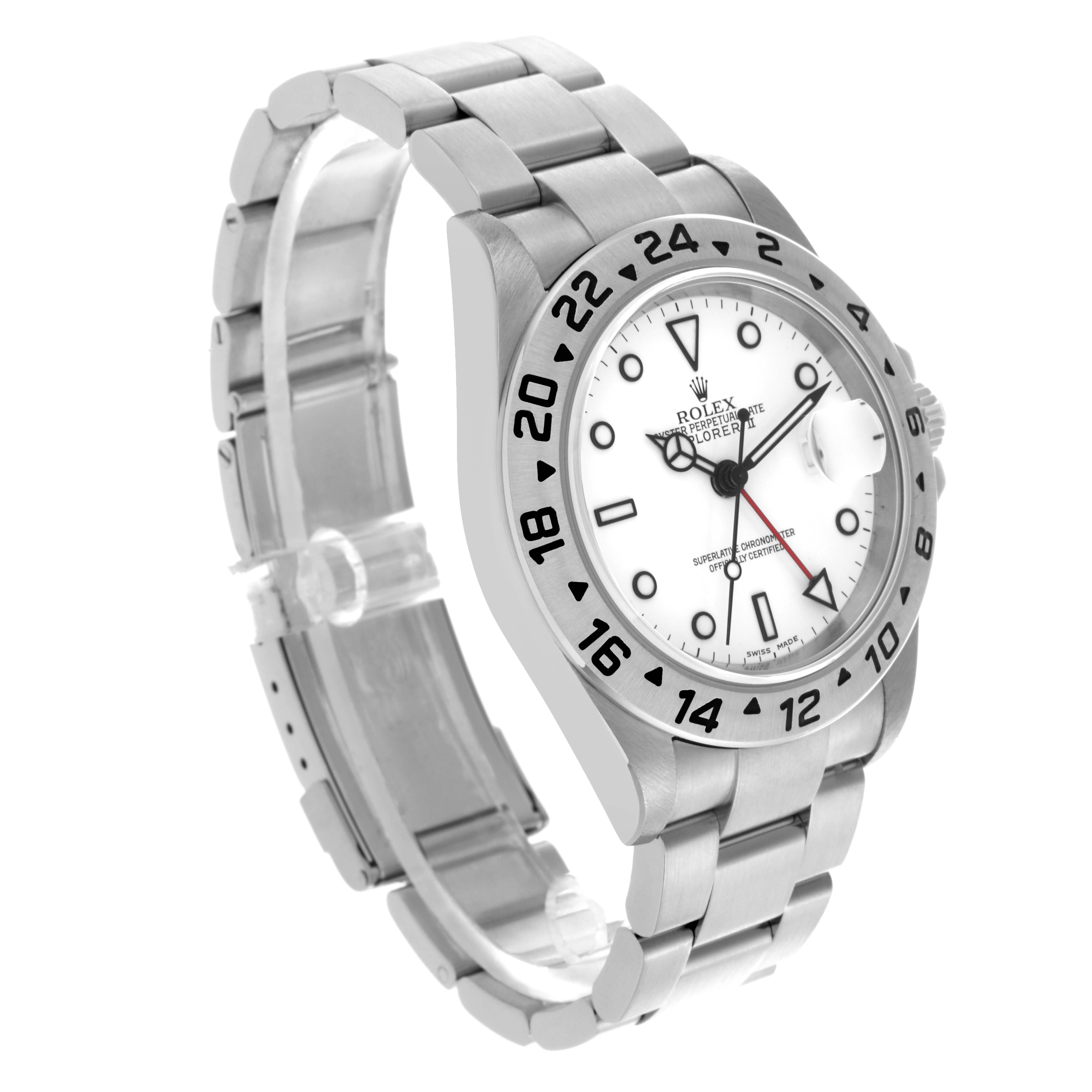 The Rolex Explorer 16570 Men's Stainless Steel White Dial 16570 Men's Stainless Steel White Dial watch is shown at a three-quarter angle, displaying the face, bezel, and stainless steel bracelet.