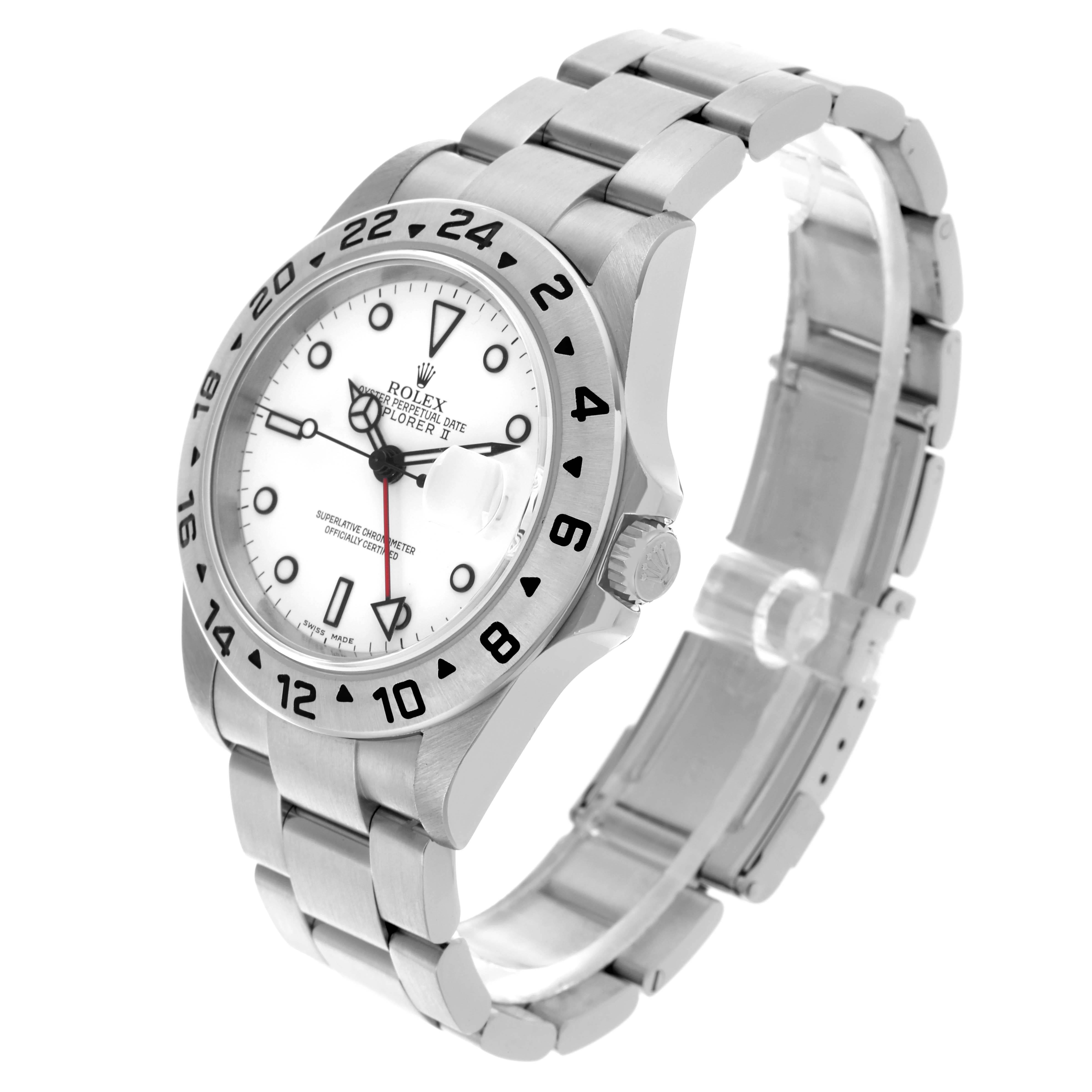 The image shows a side angle of a Rolex Explorer 16570 Men's Stainless Steel White Dial 16570 Men's Stainless Steel White Dial model, displaying the face, bezel, crown, and stainless steel bracelet.